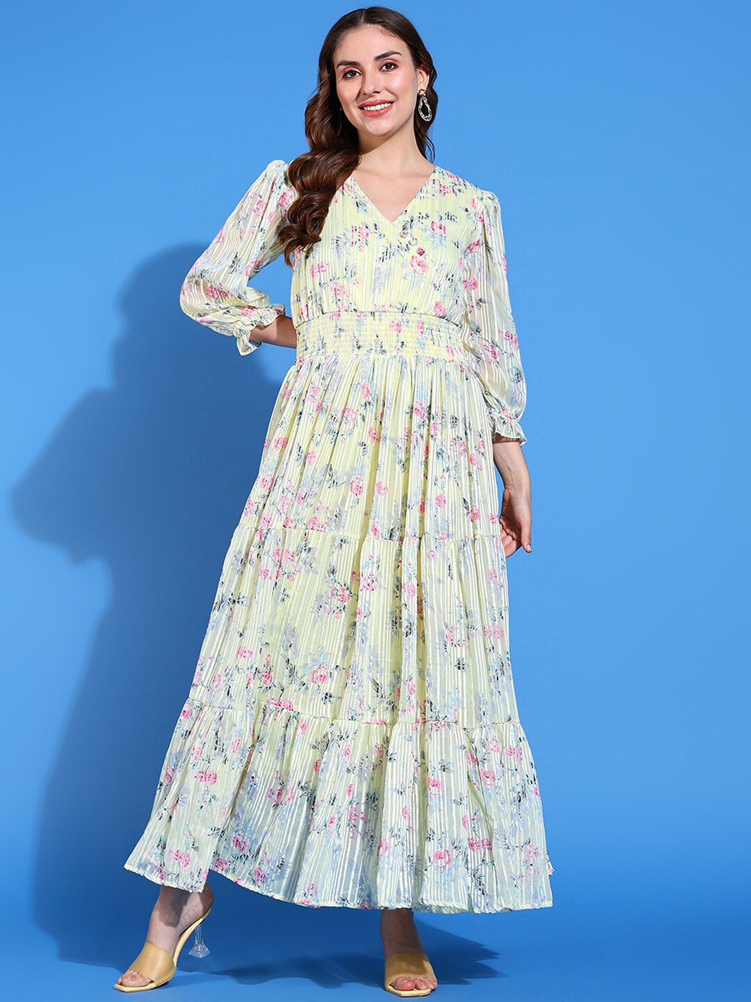 

BAESD Floral Printed Cotton V-Neck Flared Maxi Dress, Yellow