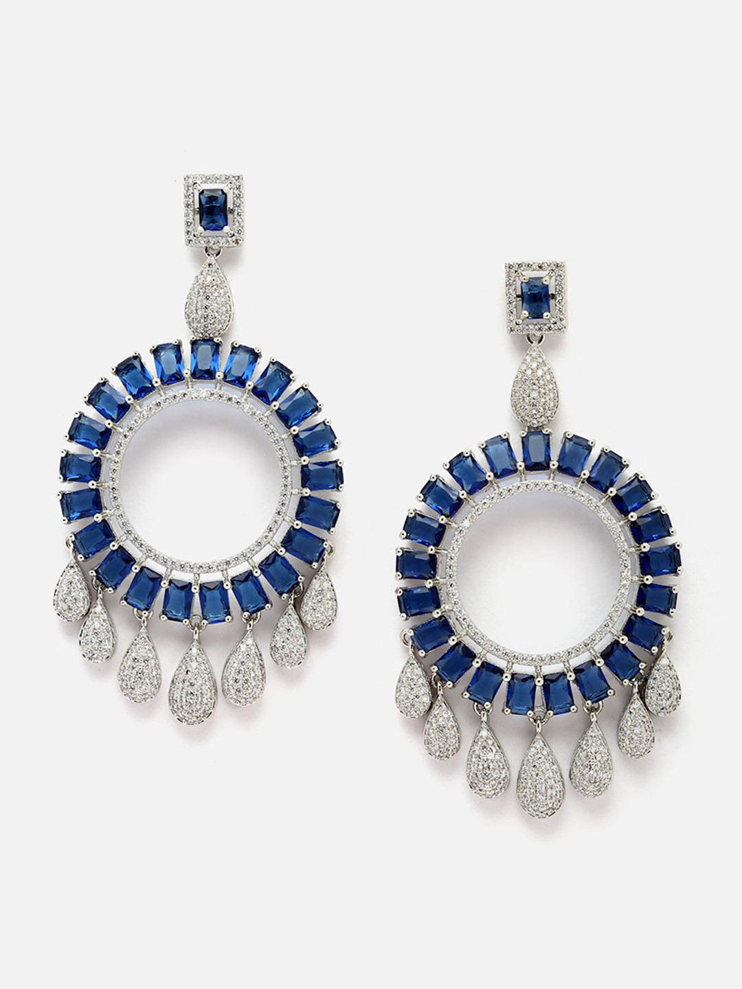 

Anouk Navy Blue Rhodium-Plated American Diamond Circular Drop Earrings