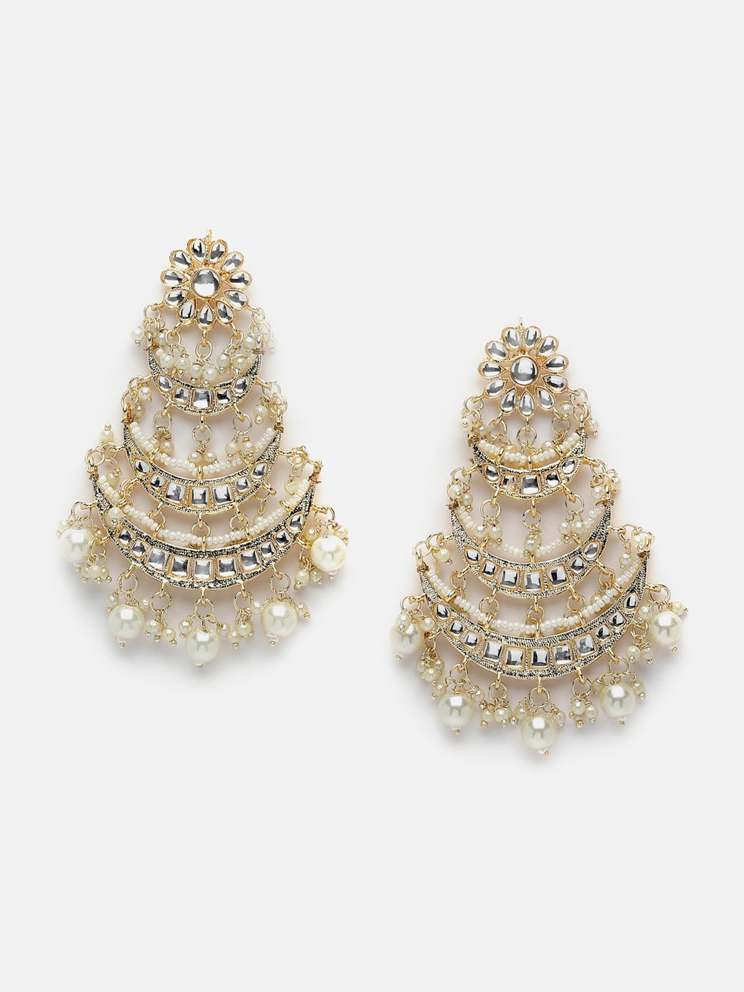 

Anouk Gold-Plated Pearls Kundan Crescent Shaped Chandbalis, White