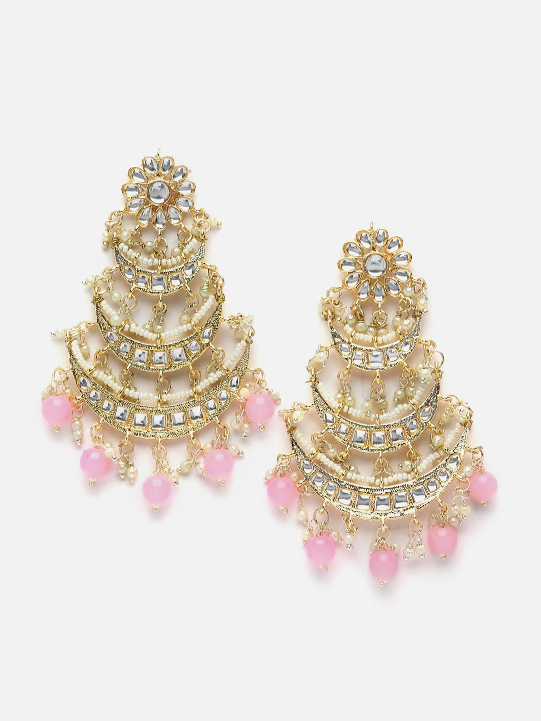 

Anouk Gold-Plated Kundan-Studded & Pearls Beaded Crescent Shaped Chandbalis, Pink