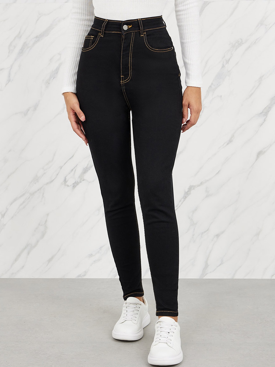 

Styli Women Skinny Fit High-Rise Clean Look Cotton Jeans, Black
