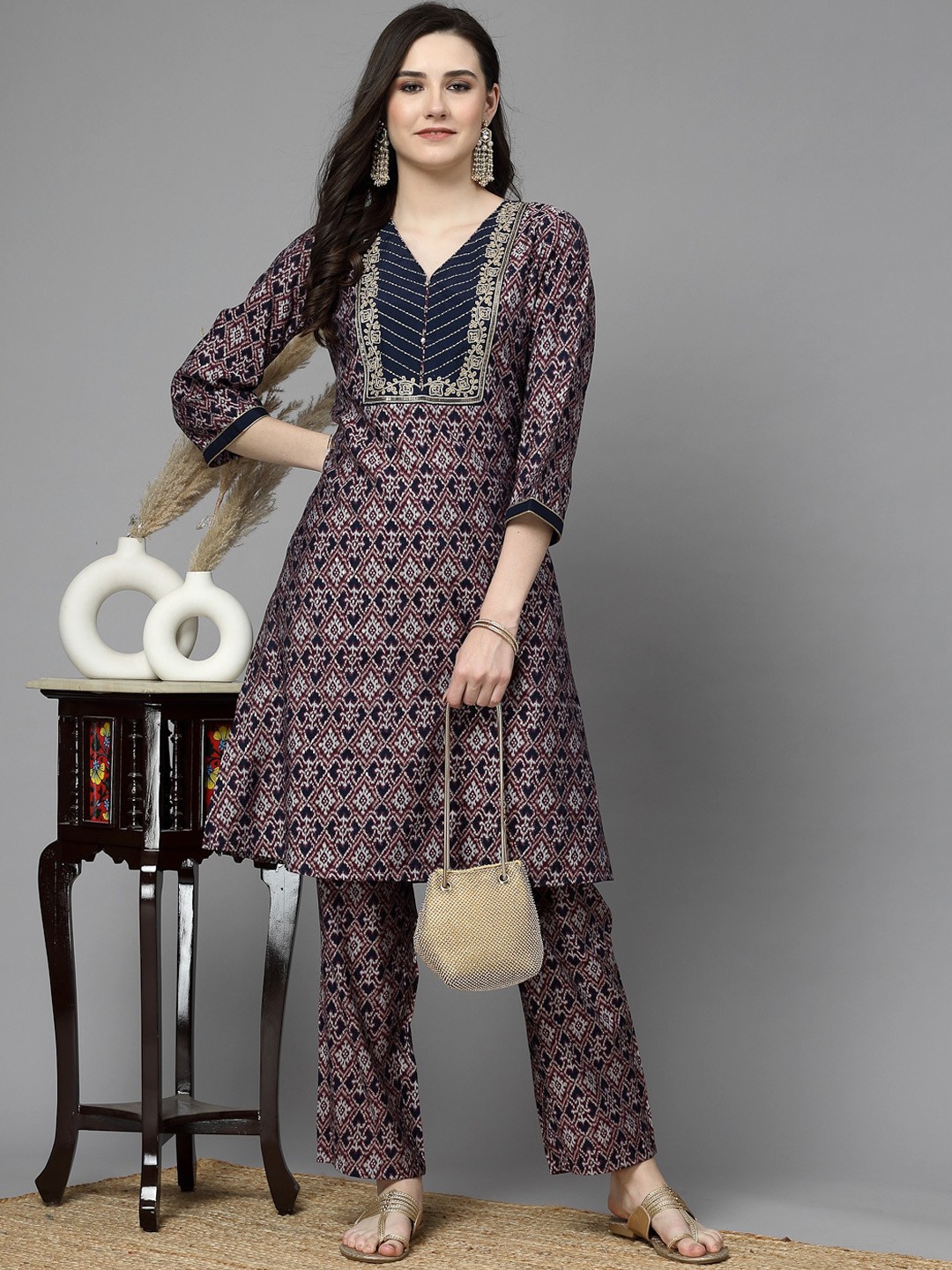 

Nayam By Lakshita Ethnic Motifs Printed A-Line Kurta with Trousers, Blue