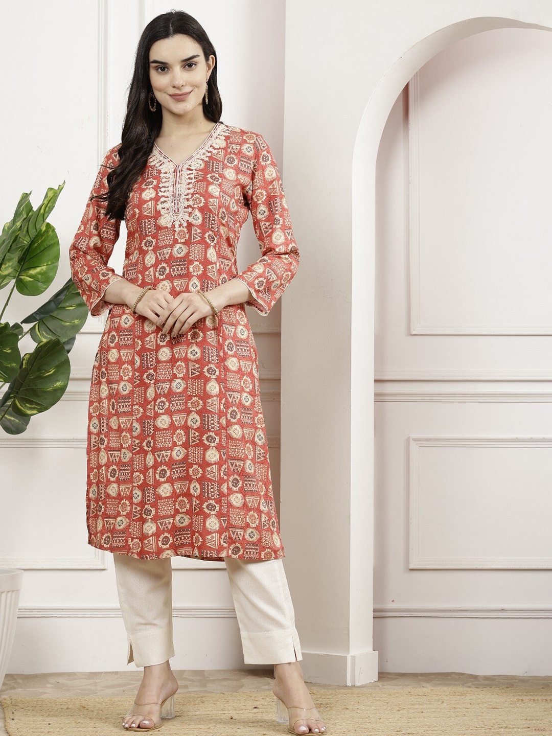 

Nayam By Lakshita Ethnic Motifs Printed Thread Work Kurta, Orange