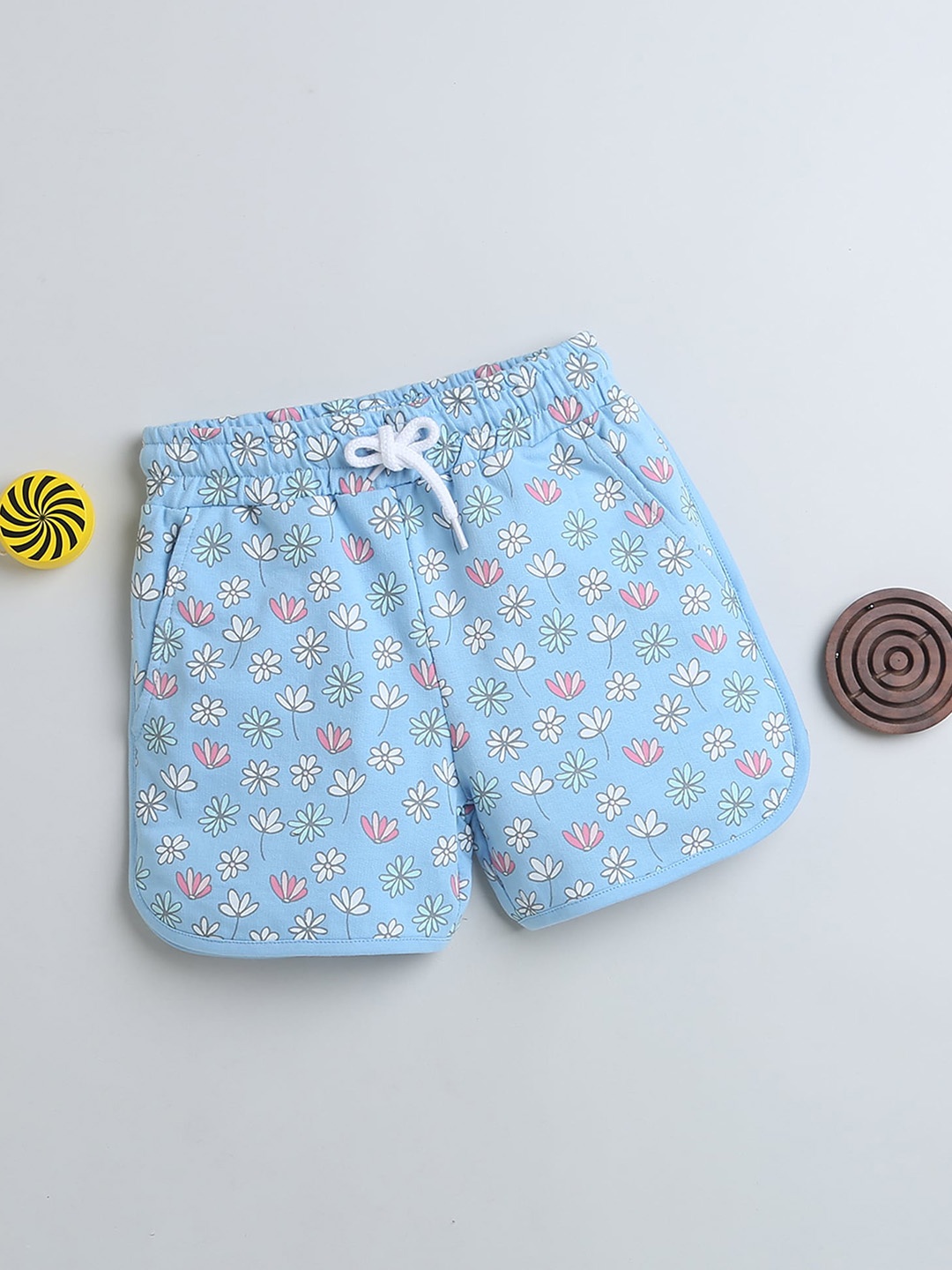 

BUMZEE Girls Floral Printed Mid-Rise Cotton Shorts, Blue
