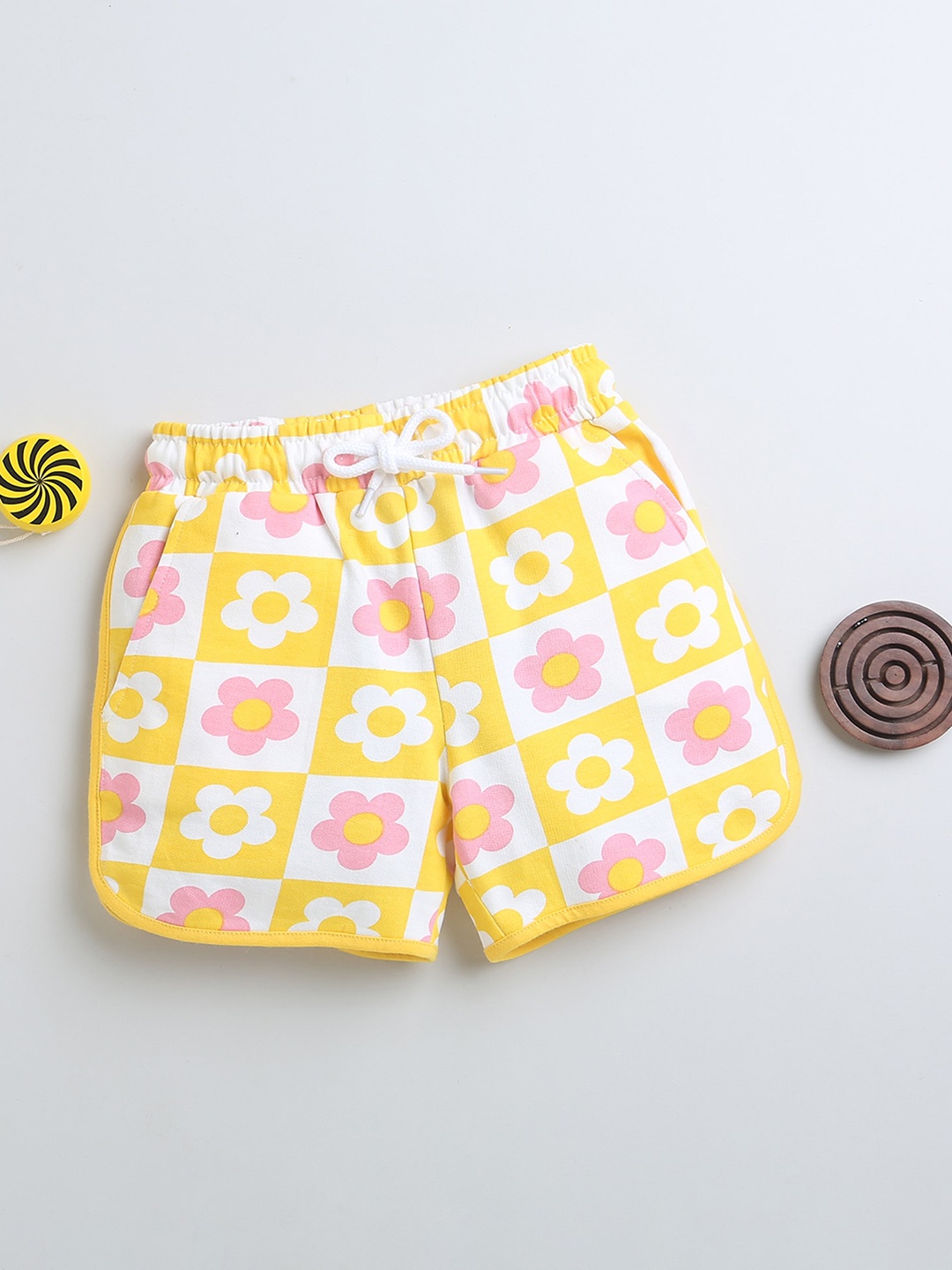 

BUMZEE Girls Floral Printed Mid-Rise Cotton Shorts, Yellow