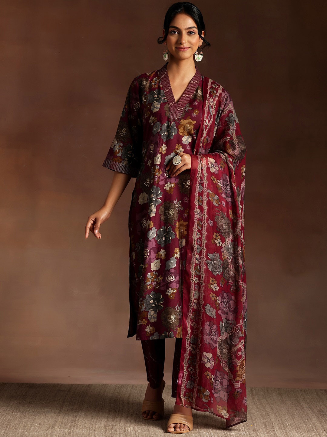 

Libas Burgundy Floral Printed V-Neck Calf Length Straight Kurta With Trousers & Dupatta