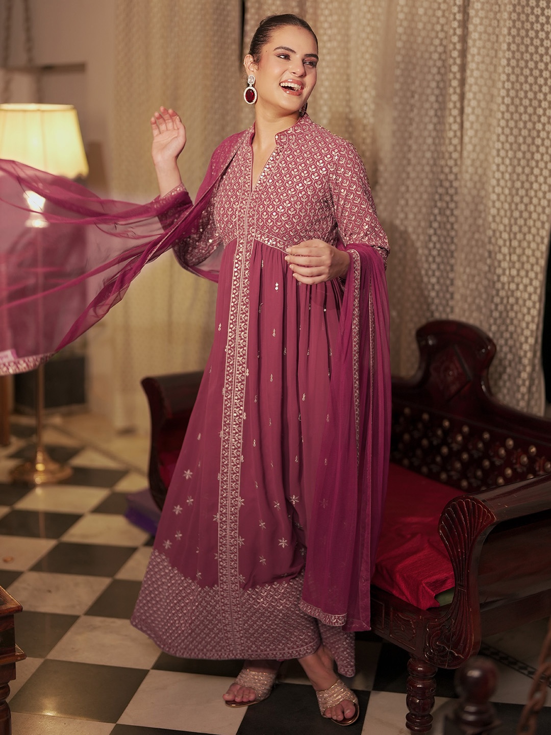 

Libas Mauve Ethnic Motifs Embroidered Mandarin Collar Georgette Sequinned A-Line Kurta Set
