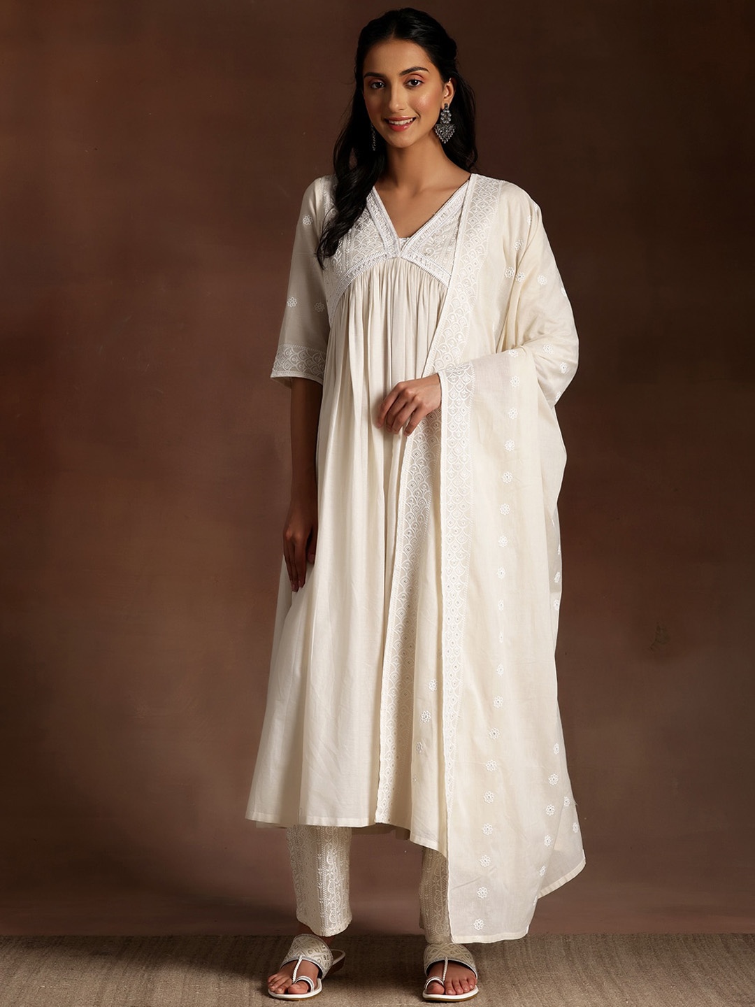 

Libas Ethnic Motifs High Slit Thread Work Pure Cotton Kurta with Palazzo & Dupatta, Off white