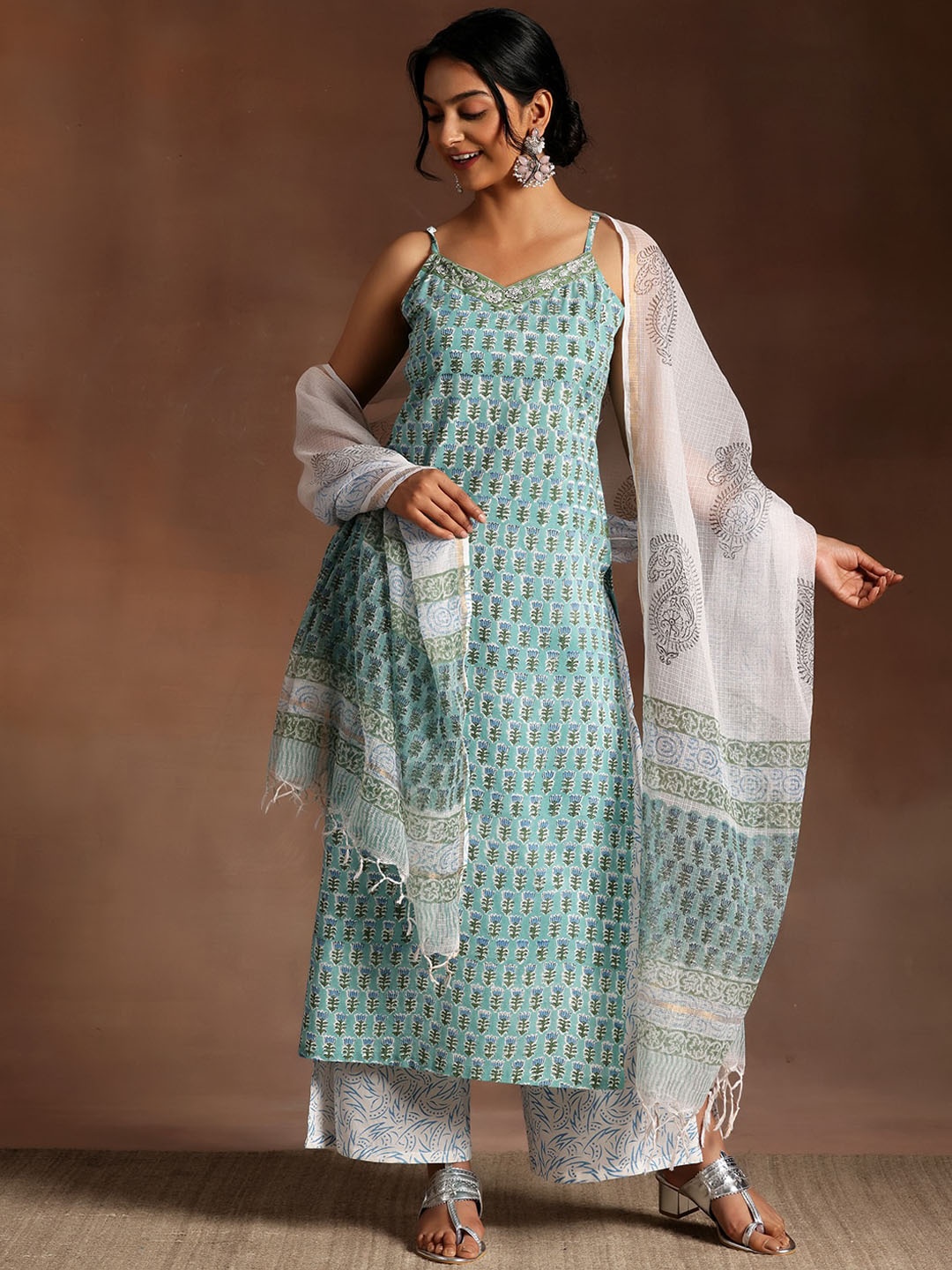 

Libas Floral Printed Pure Cotton Kurta & Palazzos With Dupatta, Green