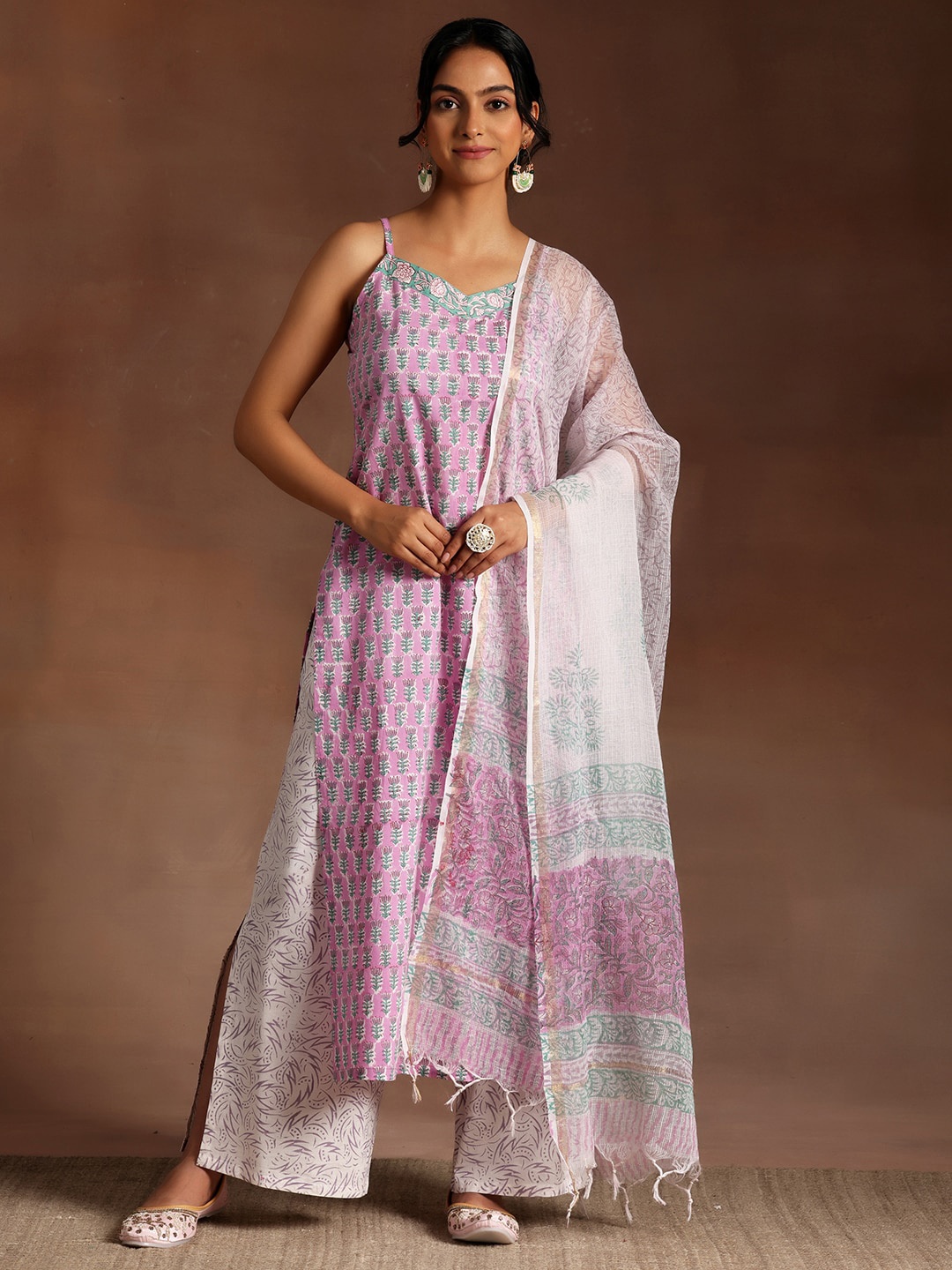 

Libas Floral Printed Shoulder Straps Pure Cotton Kurta With Palazzos & Dupatta, Pink