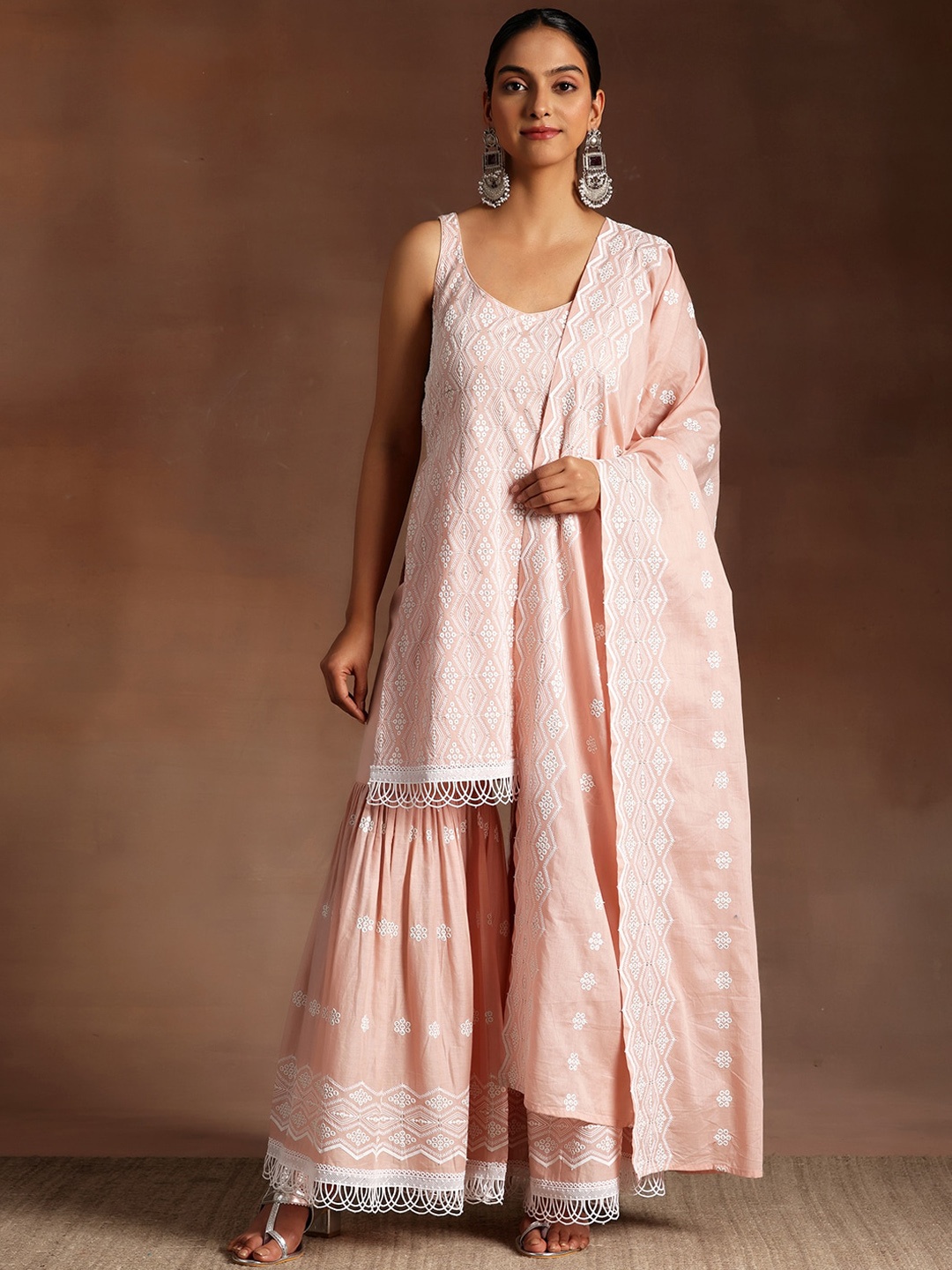 

Libas Ethnic Motifs Embroidered Sequinned Pure Cotton Kurta with Sharara & Dupatta, Peach