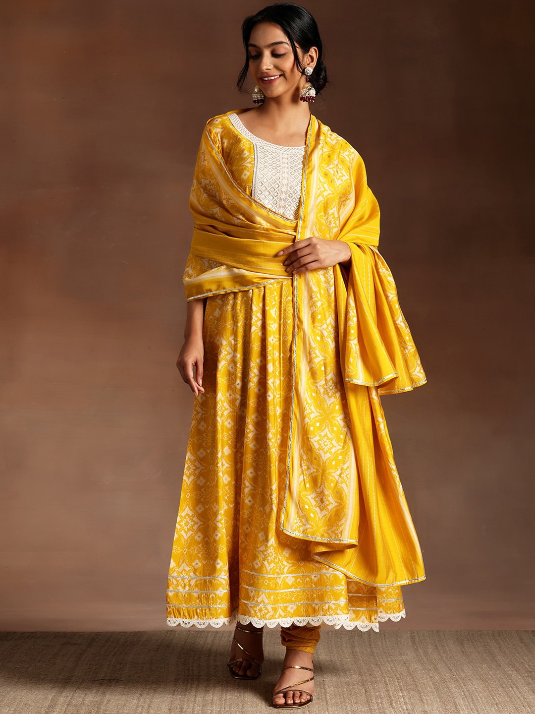 

Libas Ethnic Motifs Printed Thread Work Anarkali Kurta With Churidar & Dupatta, Mustard