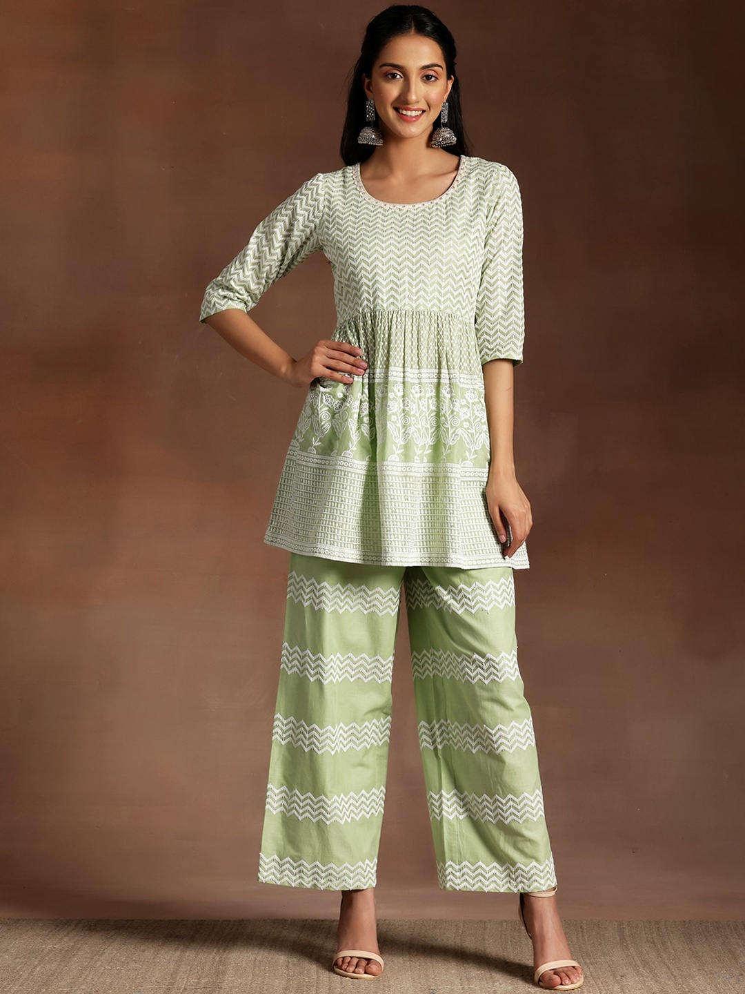 

Libas Chevron Embroidered Pure Cotton A-line Tunic & Palazzos, Green