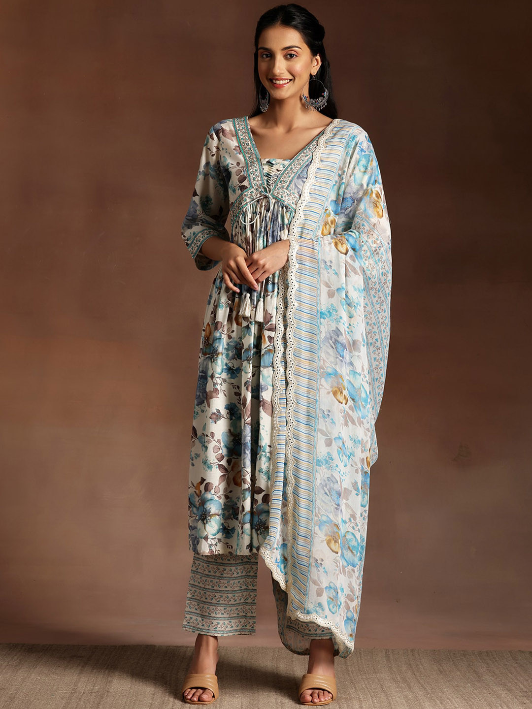 

Libas Floral Printed Empire Sequinned Kurta with Palazzo & Dupatta, Off white
