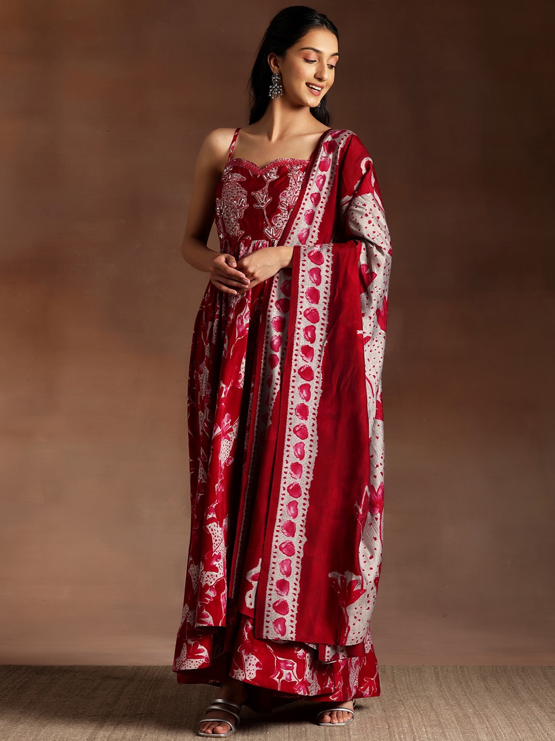 

Libas Floral Printed Shoulder Straps Anarkali Kurta With Trousers & Dupatta, Pink