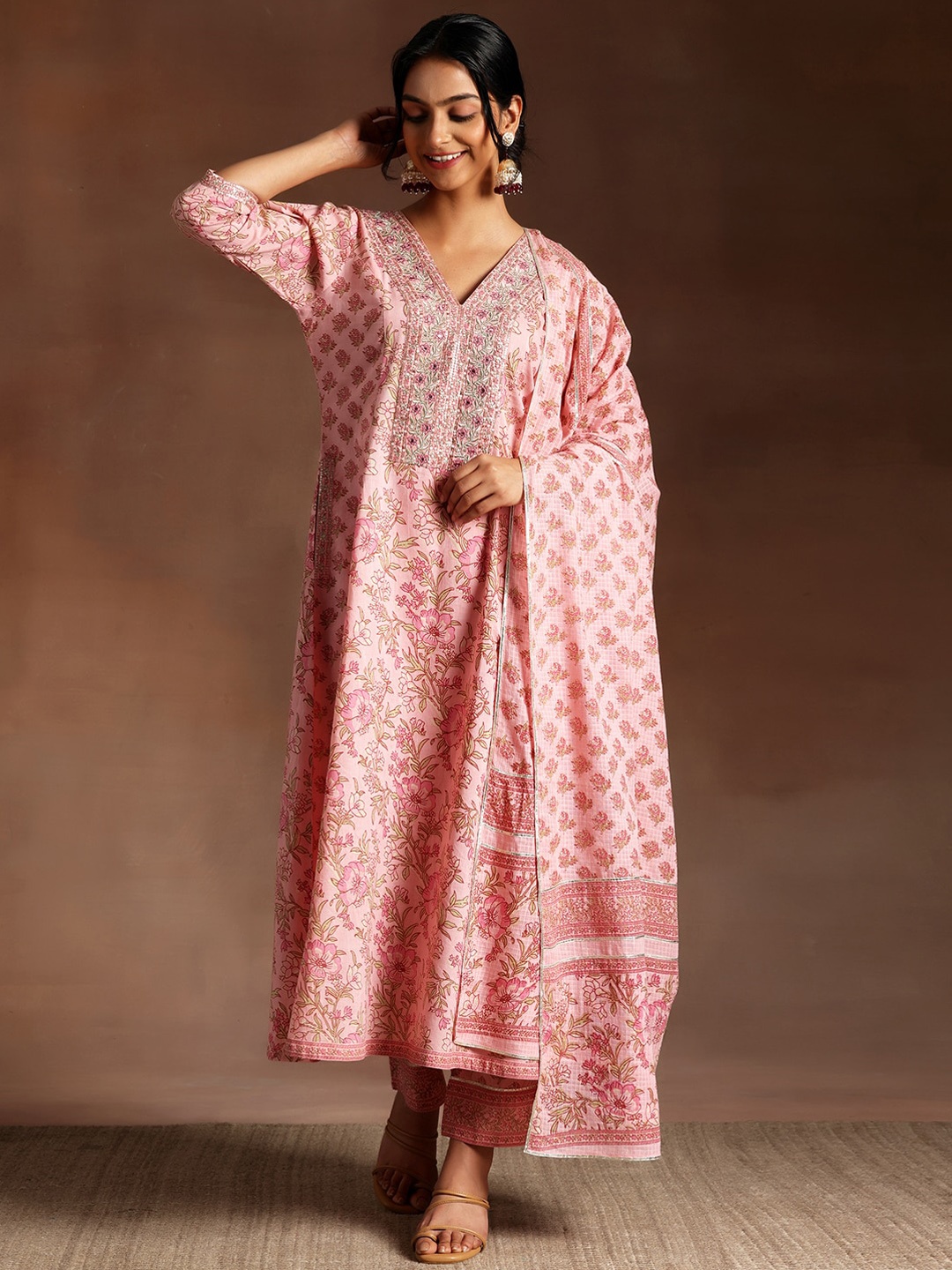 

Libas Floral Printed Sequinned V-Neck Pure Cotton A-Line Kurta With Trousers & Dupatta, Pink