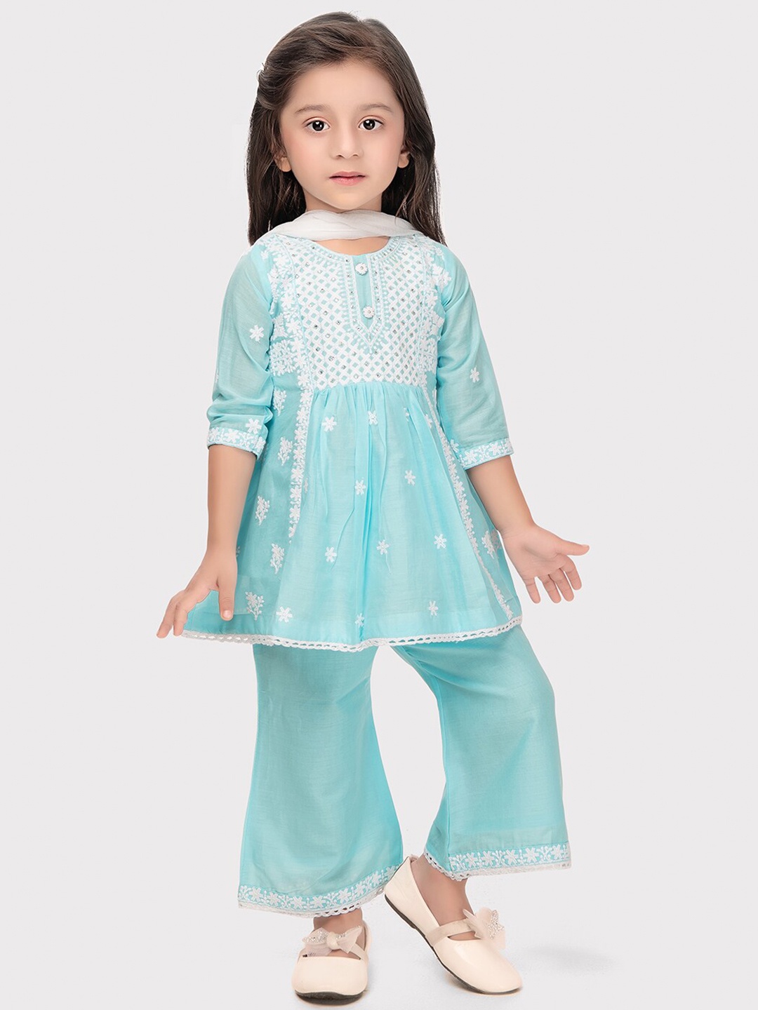 Tiny Kingdom Embroidered A-Line Kurta With Palazzo & Dupatta Set, Blue
