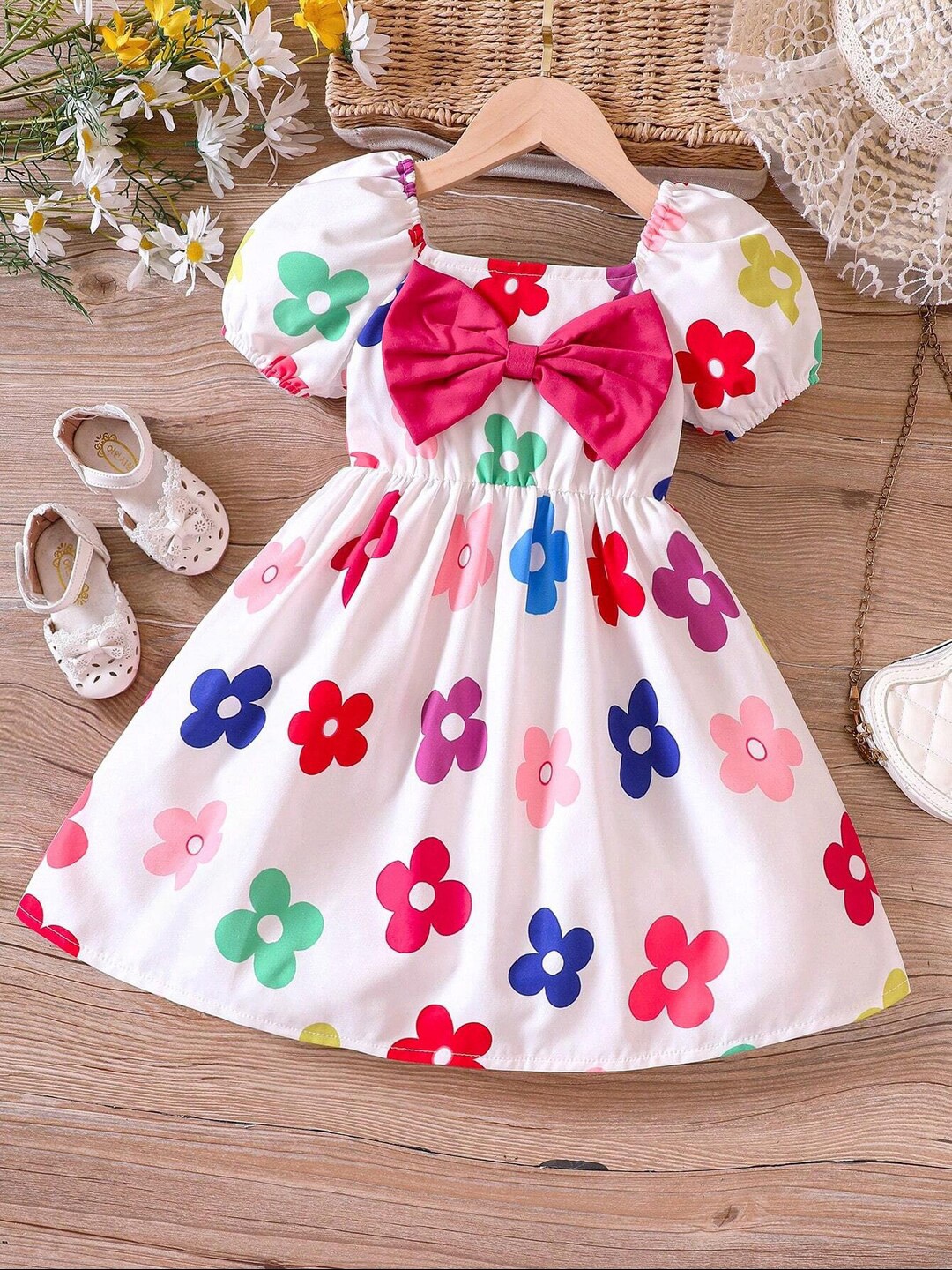 

BAESD Square Neck Floral Print Crepe Fit & Flare Dress, White