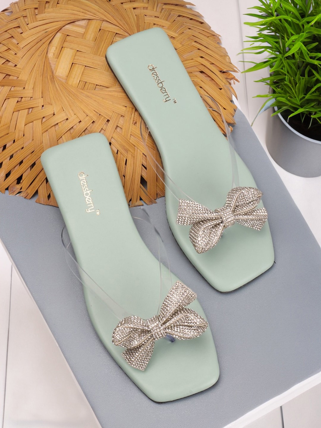 

DressBerry Green Embellished Open Toe Flats