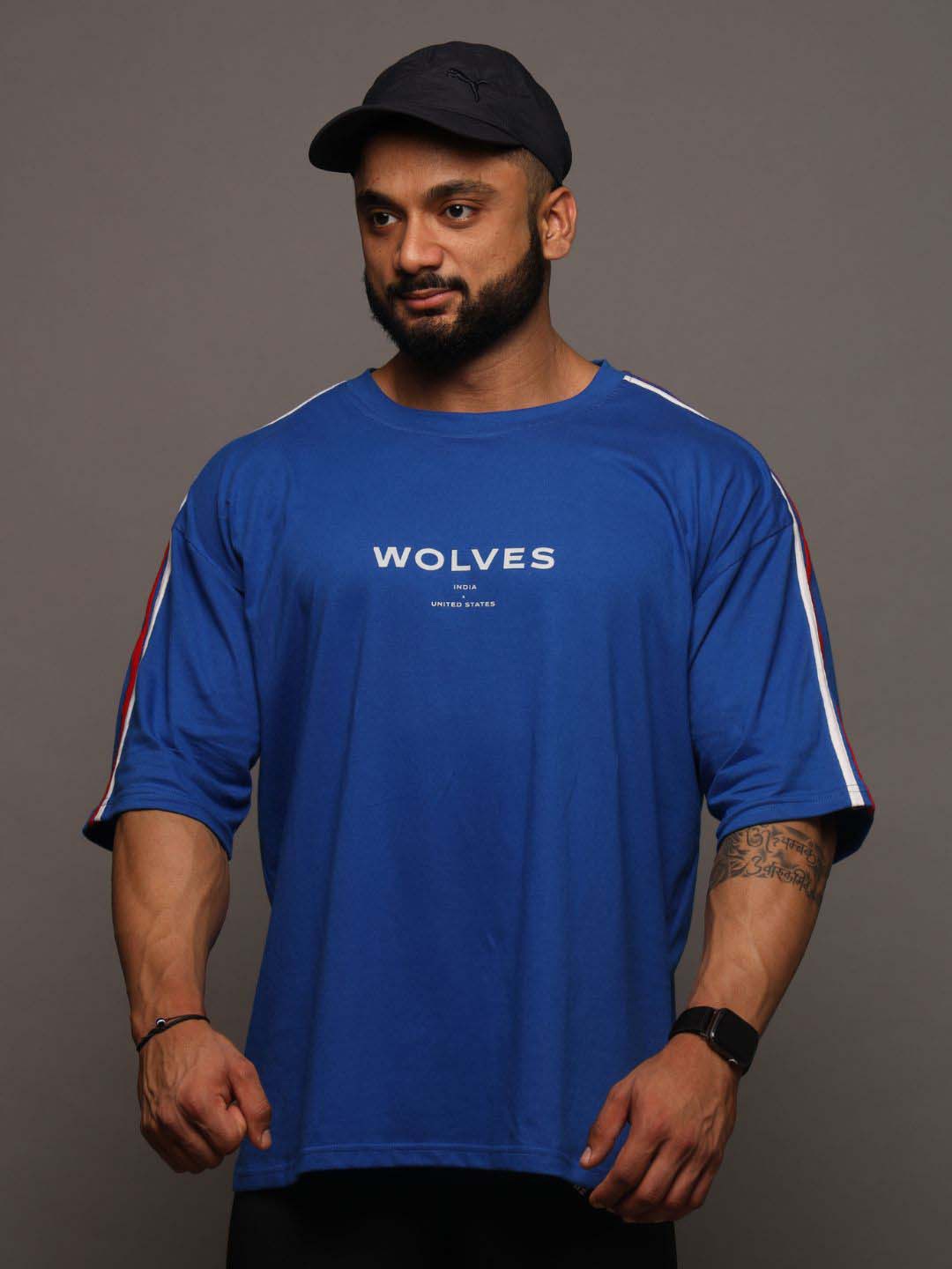 

Muscle Wolves India Typography Printed Cotton Oversized T-shirt, Blue