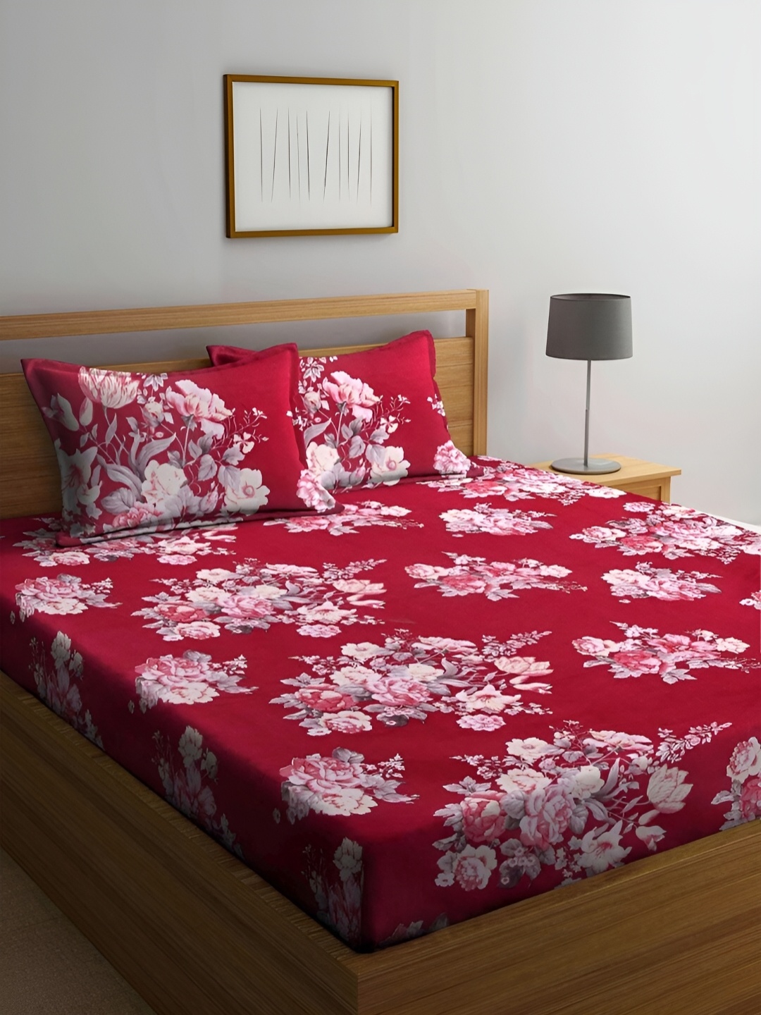 Srijee Decors Maroon & White Floral 210 TC Cotton King Fitted Bedsheet 2 Pillow Covers