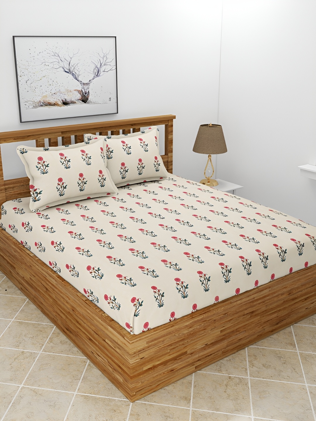 

Srijee Decors Beige & Green Floral 210 TC Cotton King Fitted Bedsheet 2 Pillow Covers