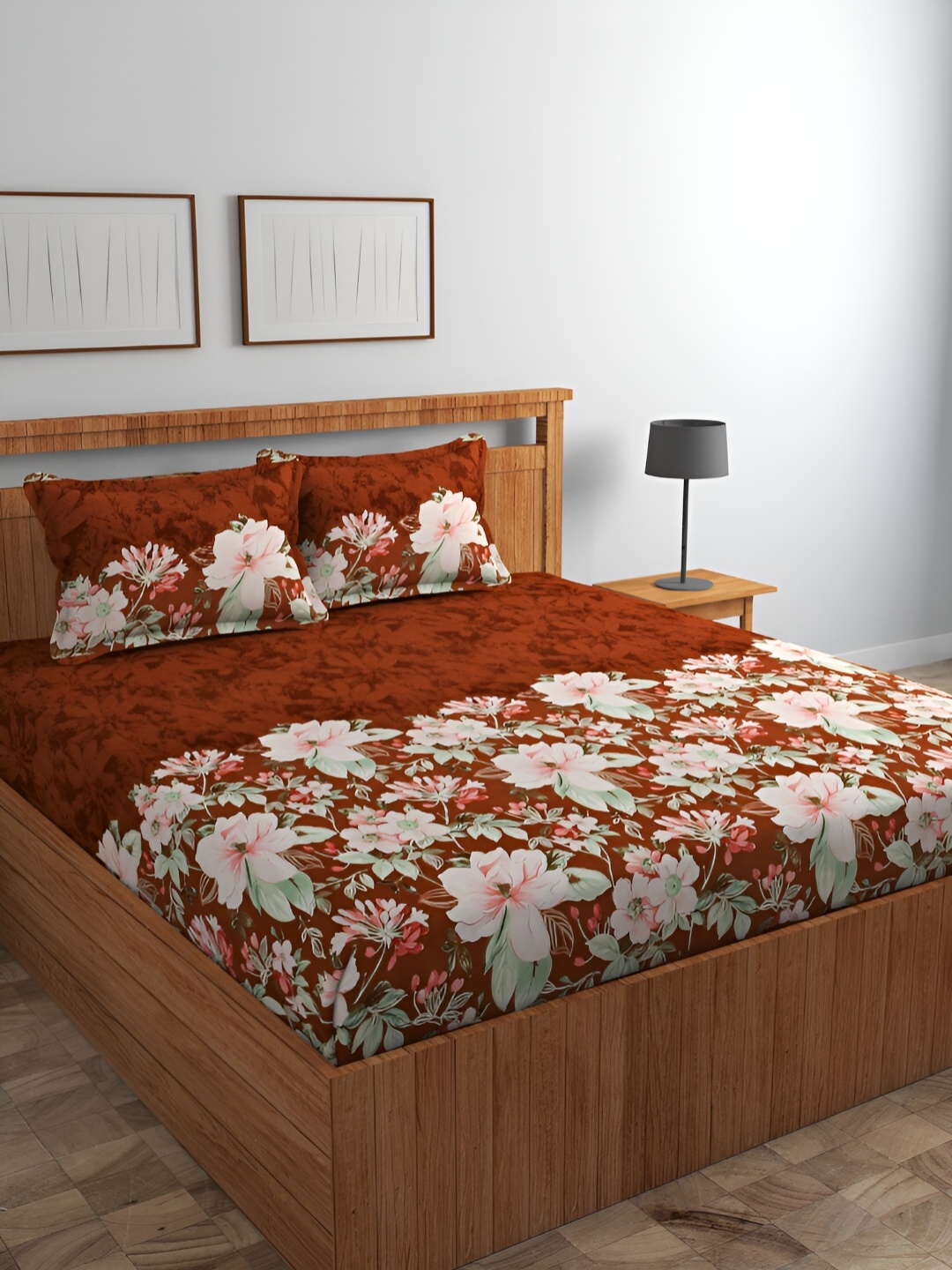 

Srijee Decors Brown & Green Floral 210 TC Cotton King Fitted Bedsheet with 2 Pillow Covers