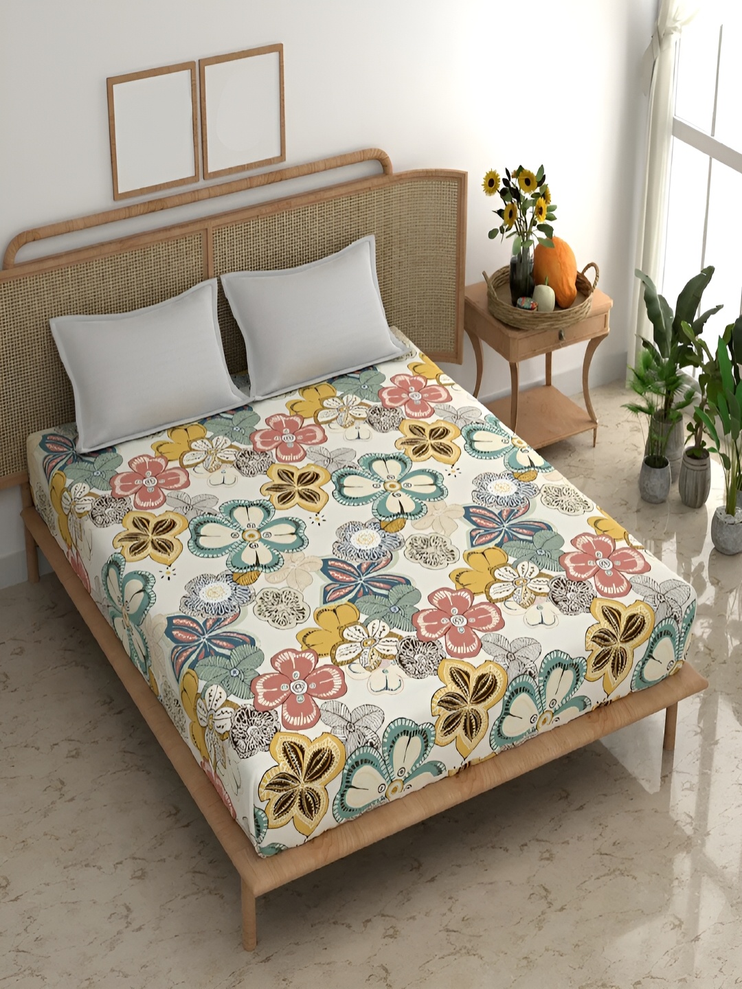 

Srijee Decors Beige Floral 210 TC Fitted King Bedsheet with 2 Pillow Covers