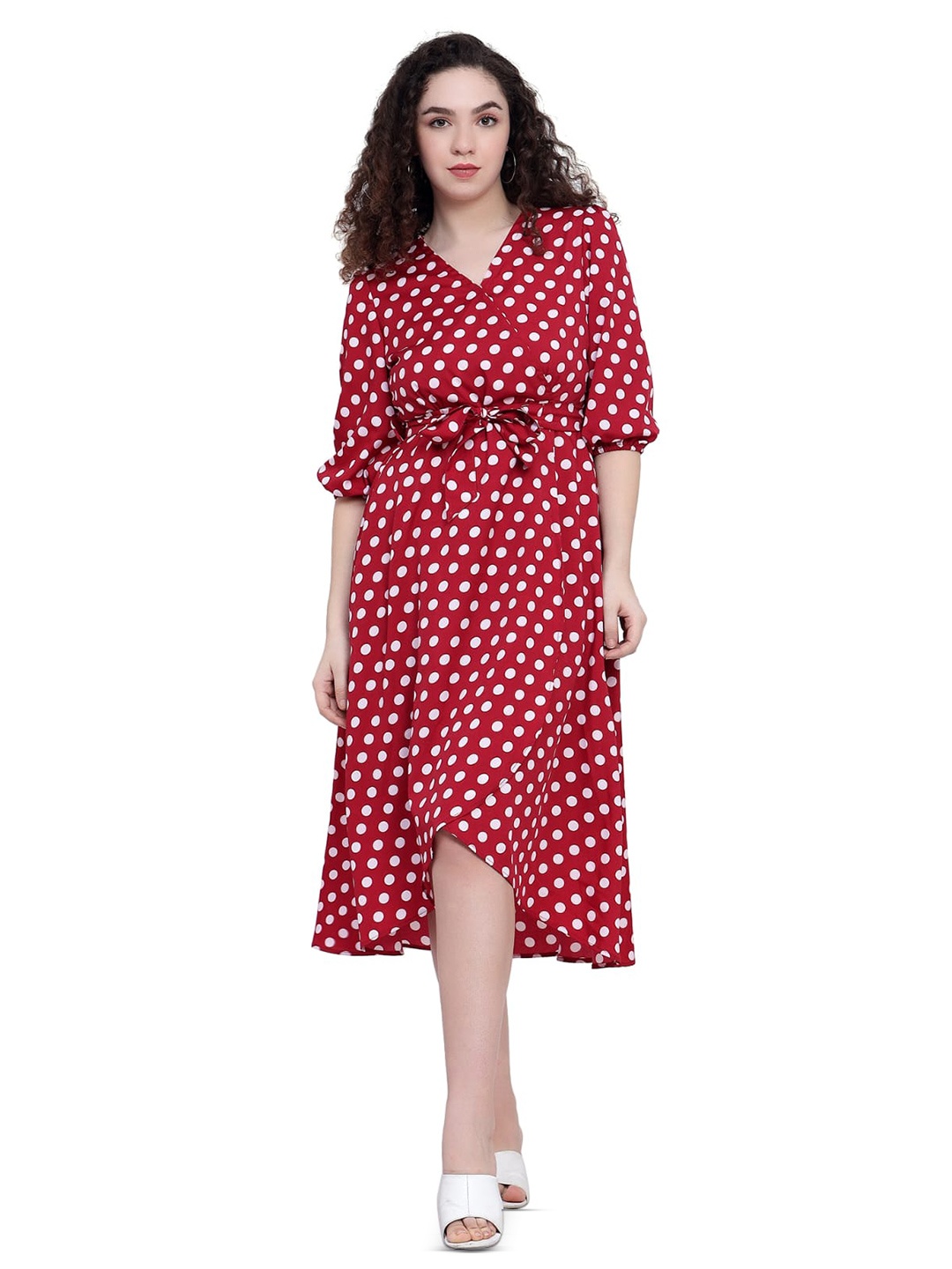 

KRIJAN Polka Dot Print V-Neck Tie-Ups Dress, Maroon