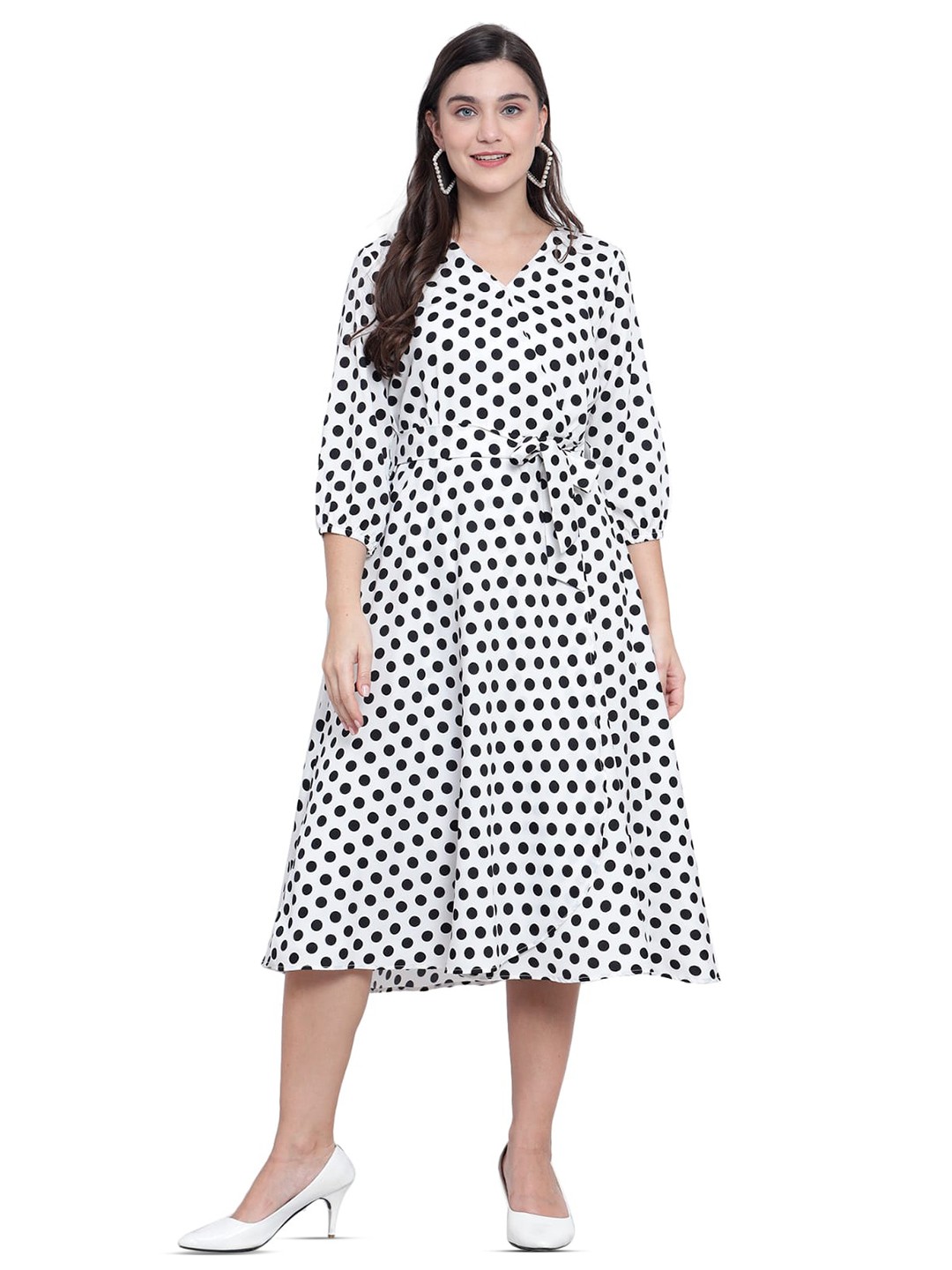 

KRIJAN Polka Dot Print Tie-Ups Midi Dress, White