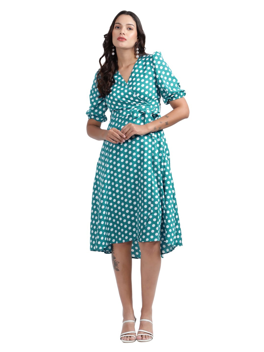 

KRIJAN Polka Dot Print Tie-Ups Midi Dress, Teal