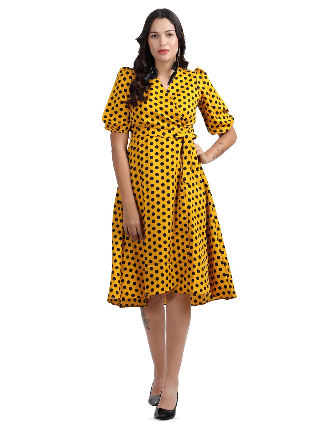 

KRIJAN Polka Dot Print Knee Length Wrap Dress, Mustard