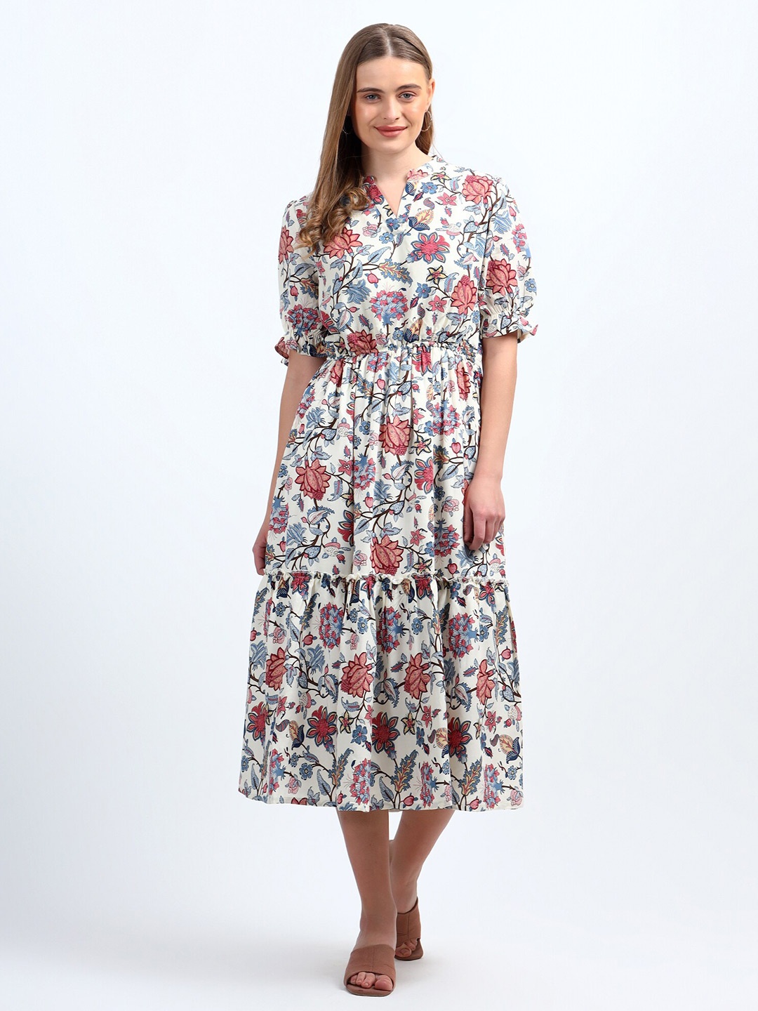 

KRIJAN Floral Printed Puff Sleeves Gathered Detailed Fit & Flare Midi Dress, White