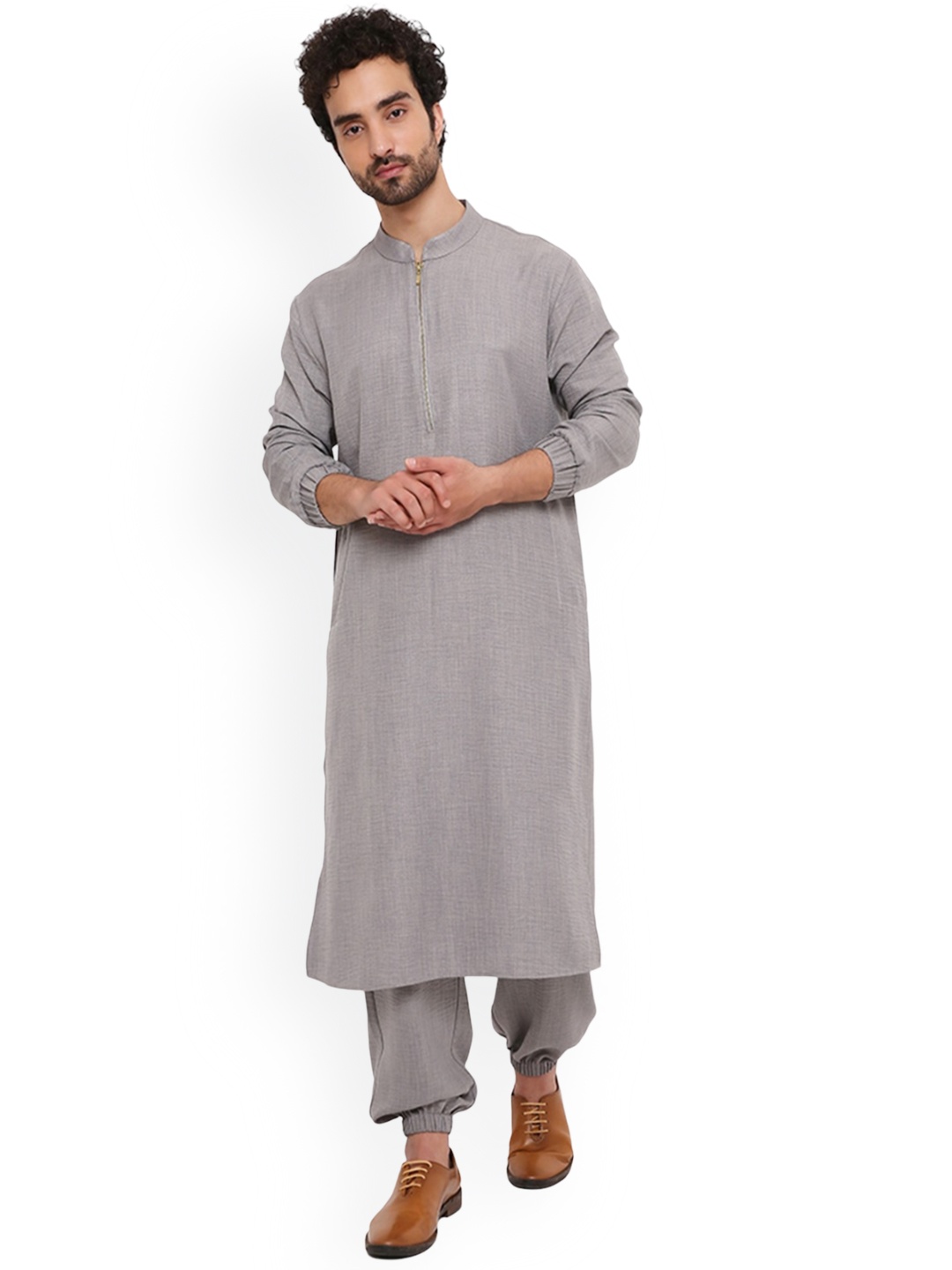 

PS MEN BY PAYAL SINGHAL Striped Mandarin Collar Long Sleeves Linen Kurta, Grey