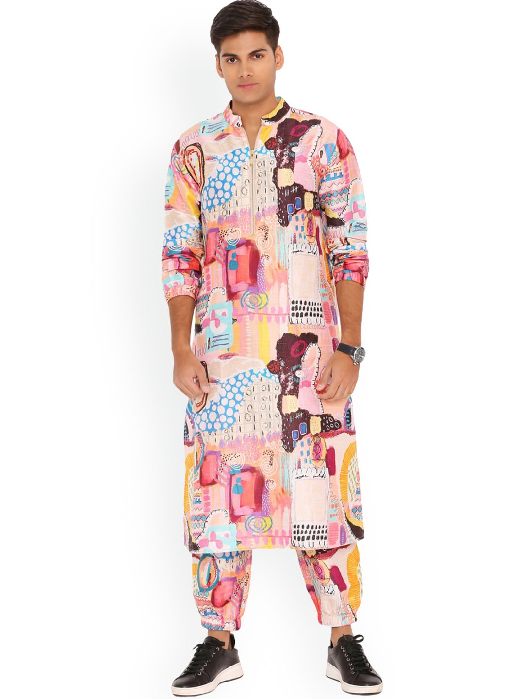 

PS MEN BY PAYAL SINGHAL Abstract Printed Bomber Straight Kurta With Joggers, Peach