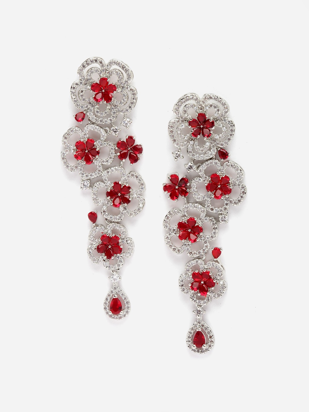 

DressBerry Rhodium-Plated Floral Drop Earrings, Red