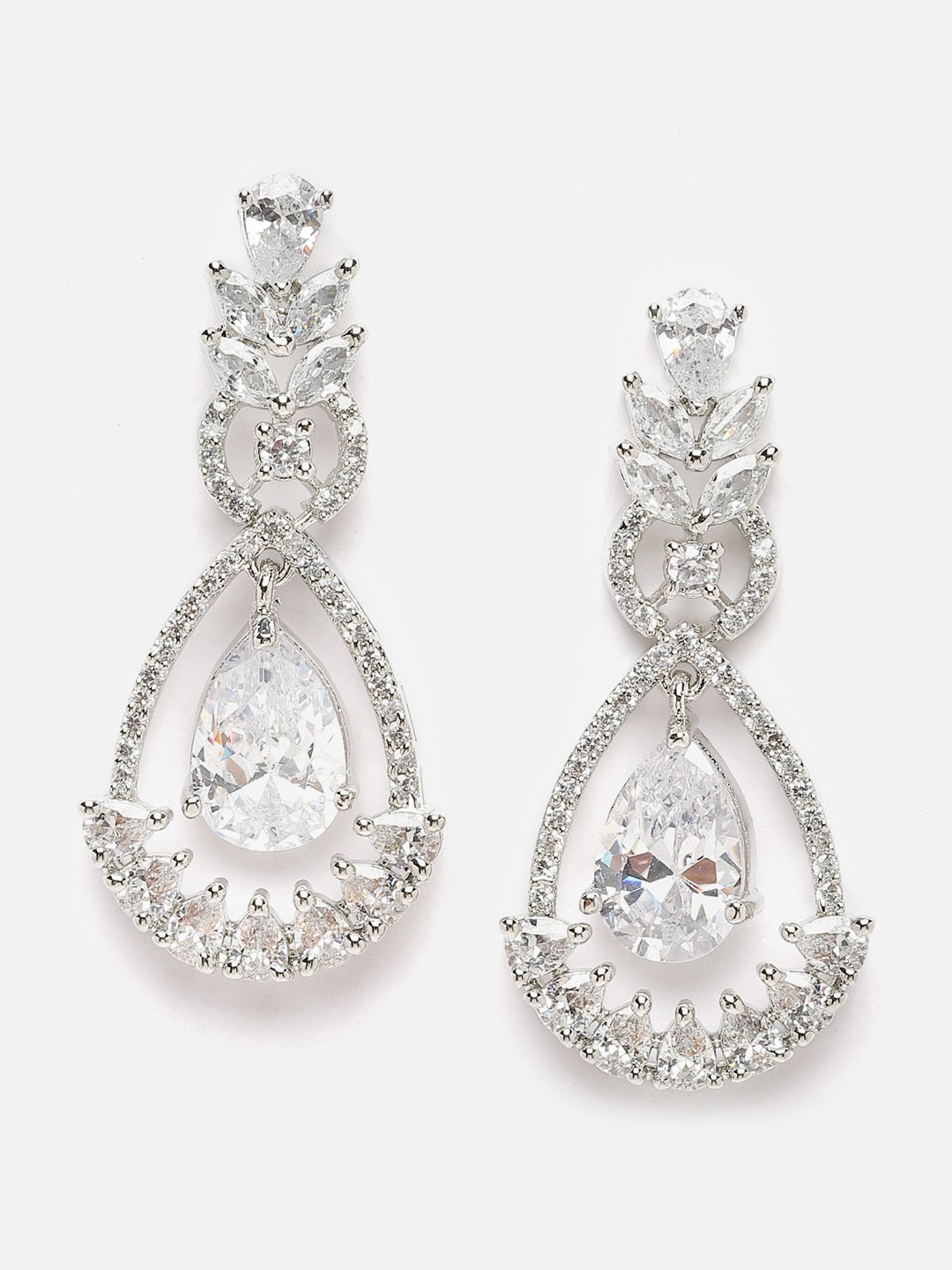 

DressBerry Rhodium-Plated Teardrop Shaped Drop Earrings, White