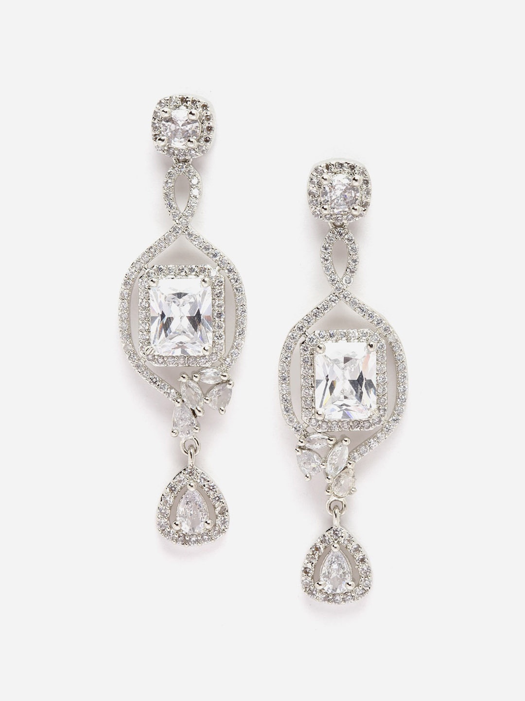 

DressBerry White Rhodium-Plated AD Studded Drop Earrings, Silver