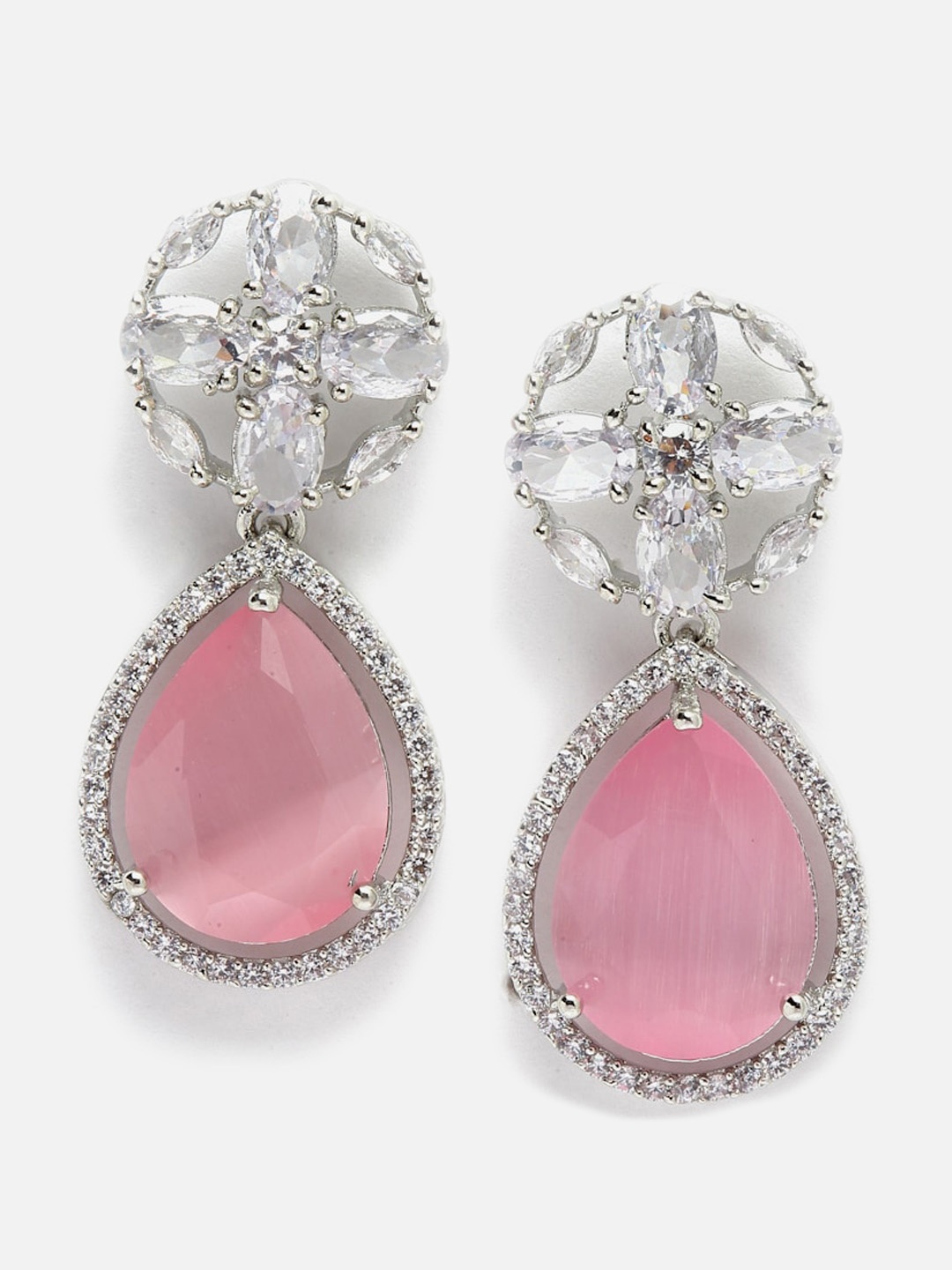 

DressBerry Pink Rhodium-Plated AD Studded Teardrop Shaped Drop Earrings, Silver