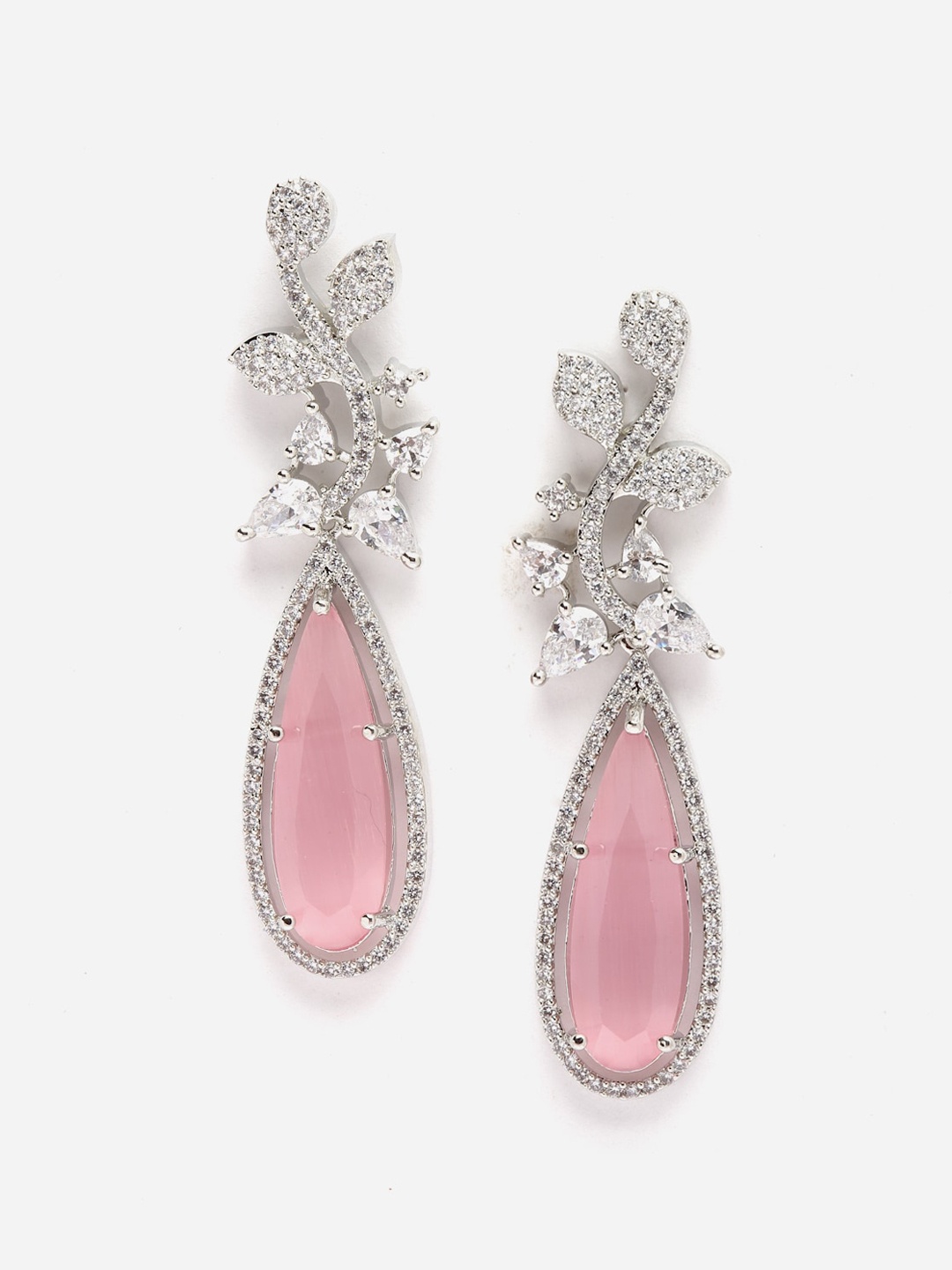 

DressBerry Pink Rhodium-Plated AD Teardrop Shaped Drop Earrings, Silver