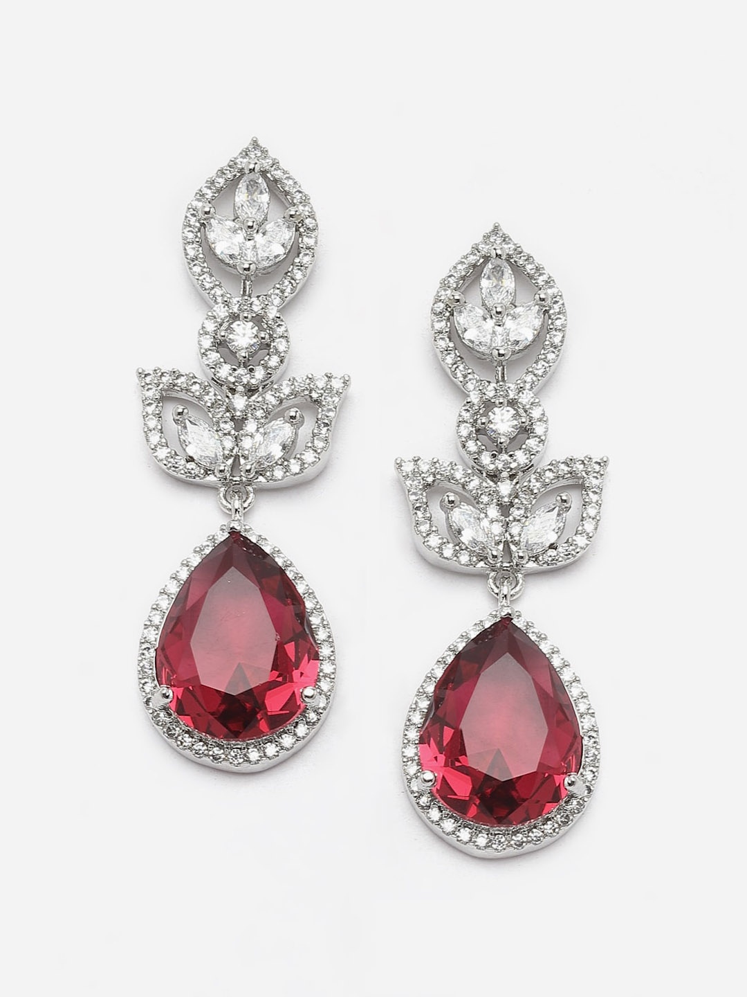 

DressBerry Red Rhodium-Plated AD Studded Drop Earrings, Silver