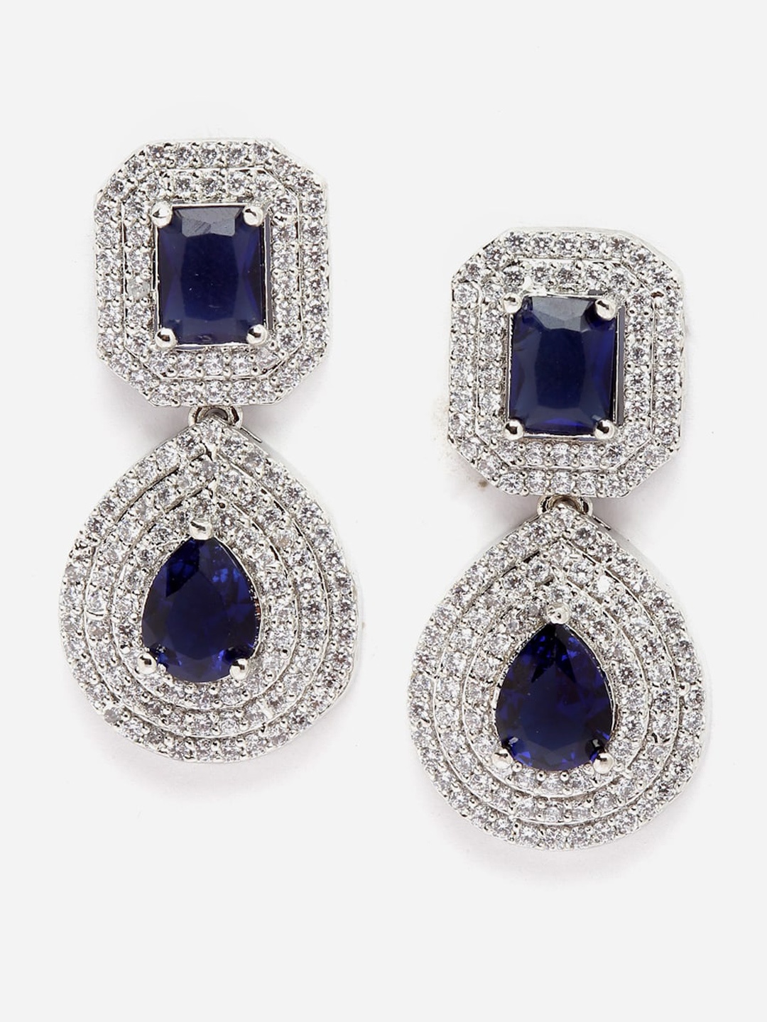 

DressBerry Navy Blue Rhodium-Plated AD Studded Drop Earrings, Silver