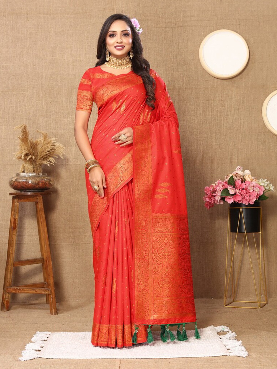 

Divyadham Textiles Ethnic Motifs Woven Design Zari Pure Silk Banarasi Saree, Red