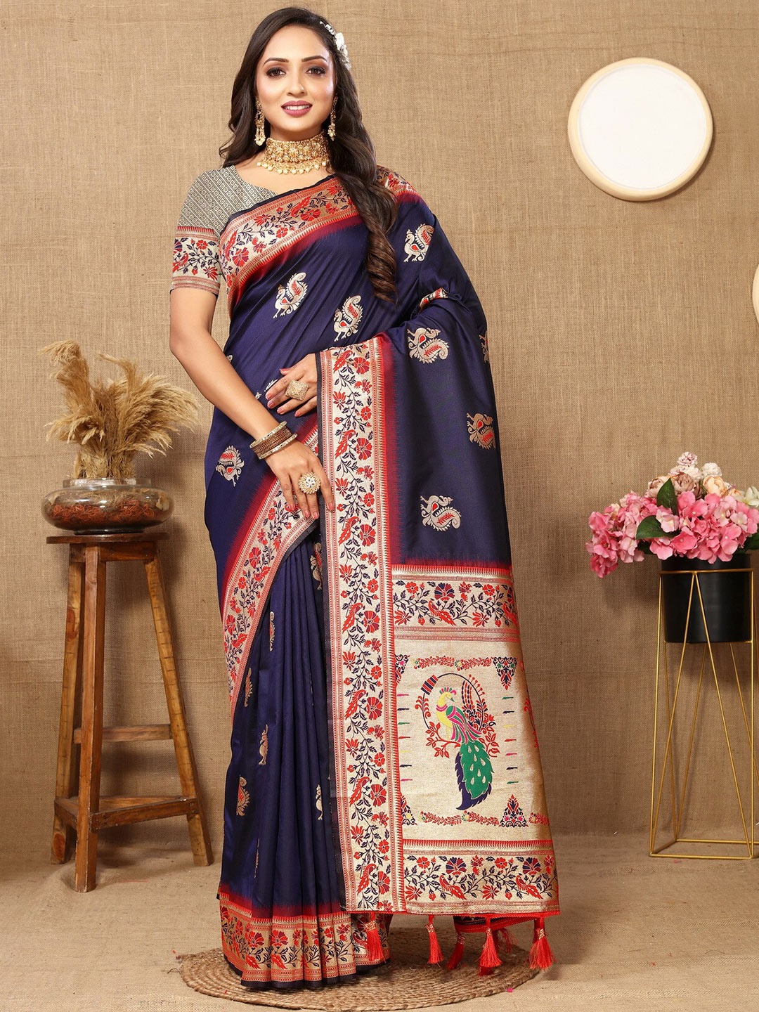 

Divyadham Textiles Ethnic Motifs Woven Design Pure Silk Paithani Zari Saree, Navy blue