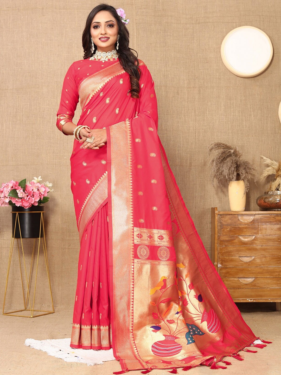 

Divyadham Textiles Ethnic Motif Woven Design Pure Silk Paithani Zari Saree, Coral