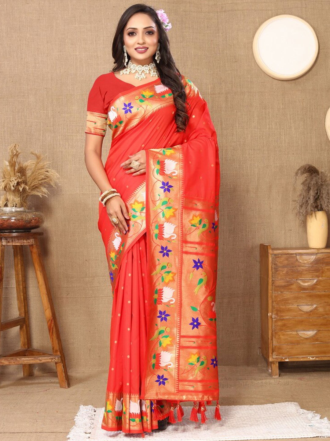 

Divyadham Textiles Ethnic Motifs Woven Design Zari Pure Silk Paithani Saree, Red