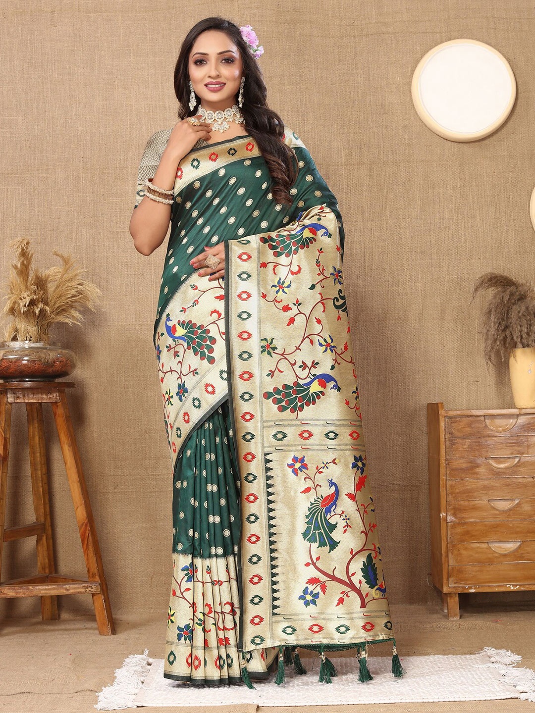 

Divyadham Textiles Ethnic Motifs Woven Design Zari Pure Silk Paithani Saree, Green