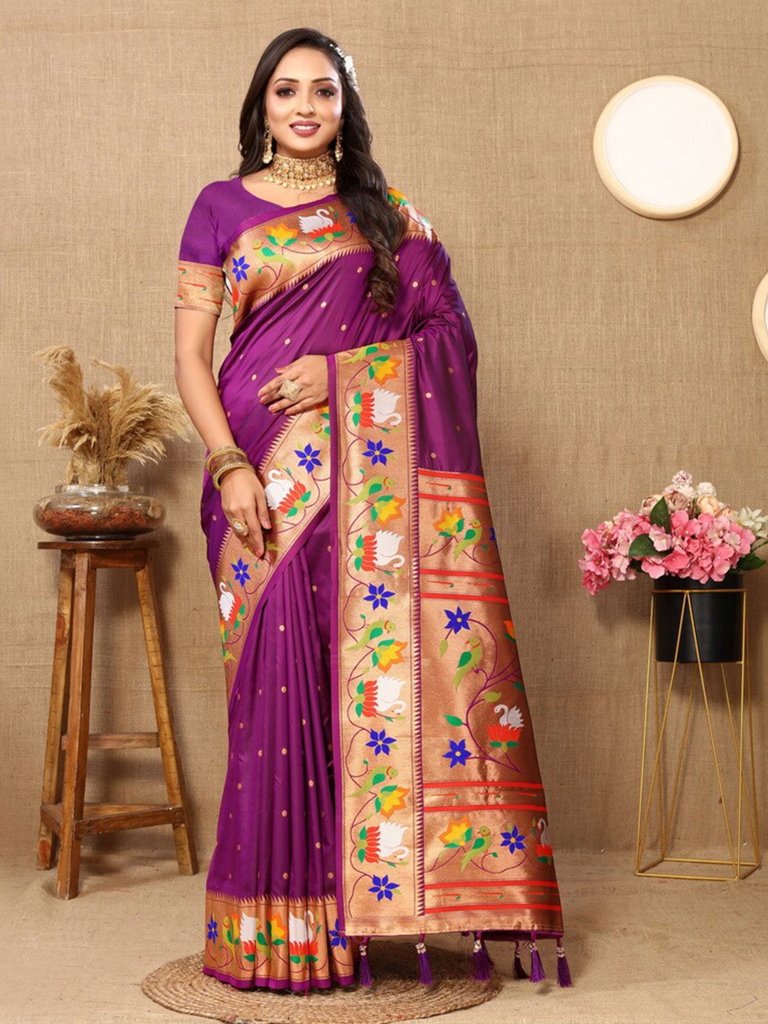 

Divyadham Textiles Floral Woven Design Pure Silk Paithani Zari Saree, Purple