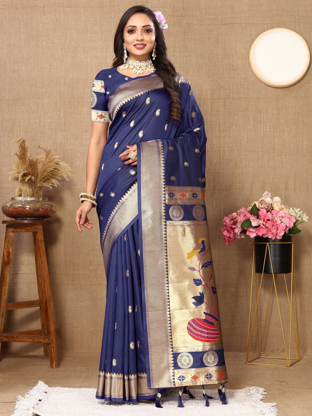 

Divyadham Textiles Ethnic Motif Woven Design Pure Silk Paithani Zari Saree, Navy blue