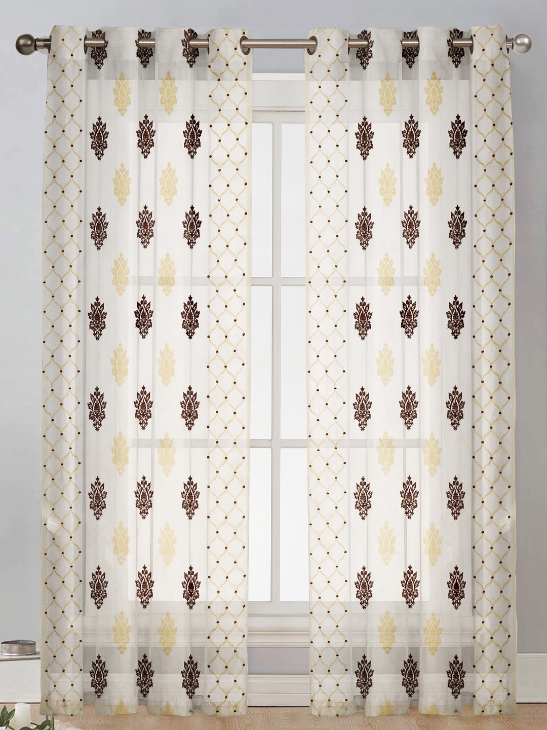 RIDHAAN Gold-Toned & White 2 Pcs Floral Sheer Door Curtains